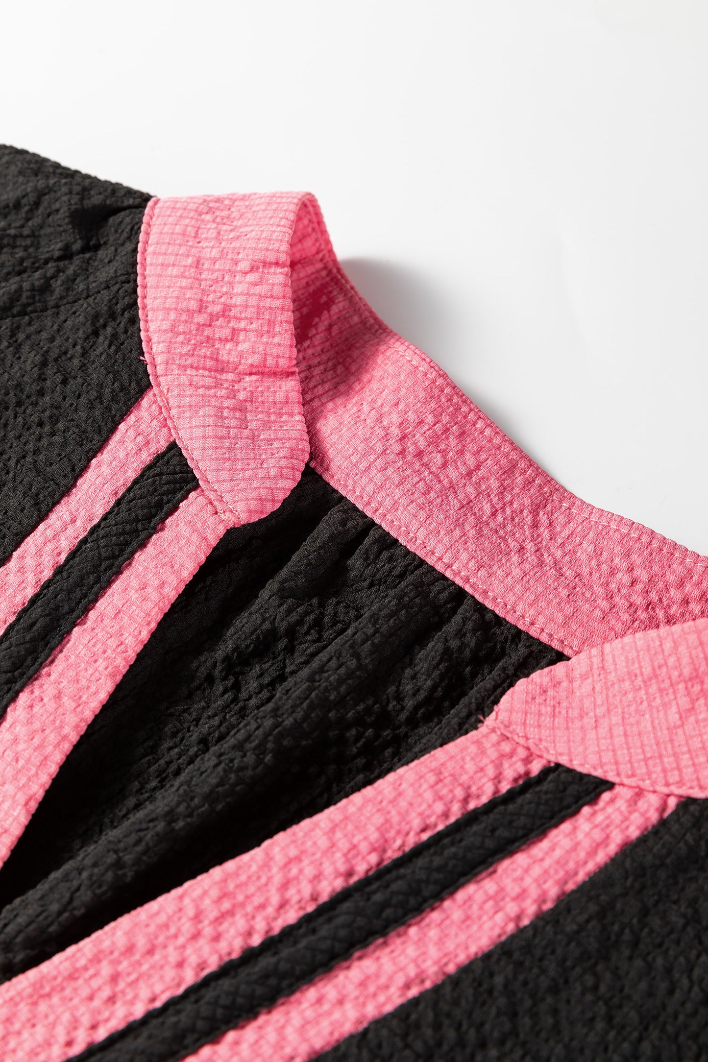 Jet Stream Color Block Patchwork Detail V Neck Textured Long Sleeve Blouse