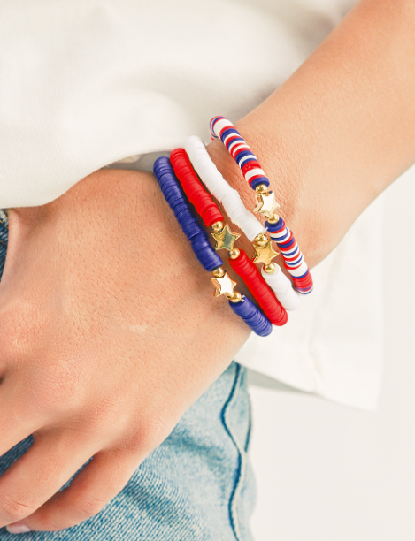 Racing Red American Flag Theme Star Beaded Layered Bracelet