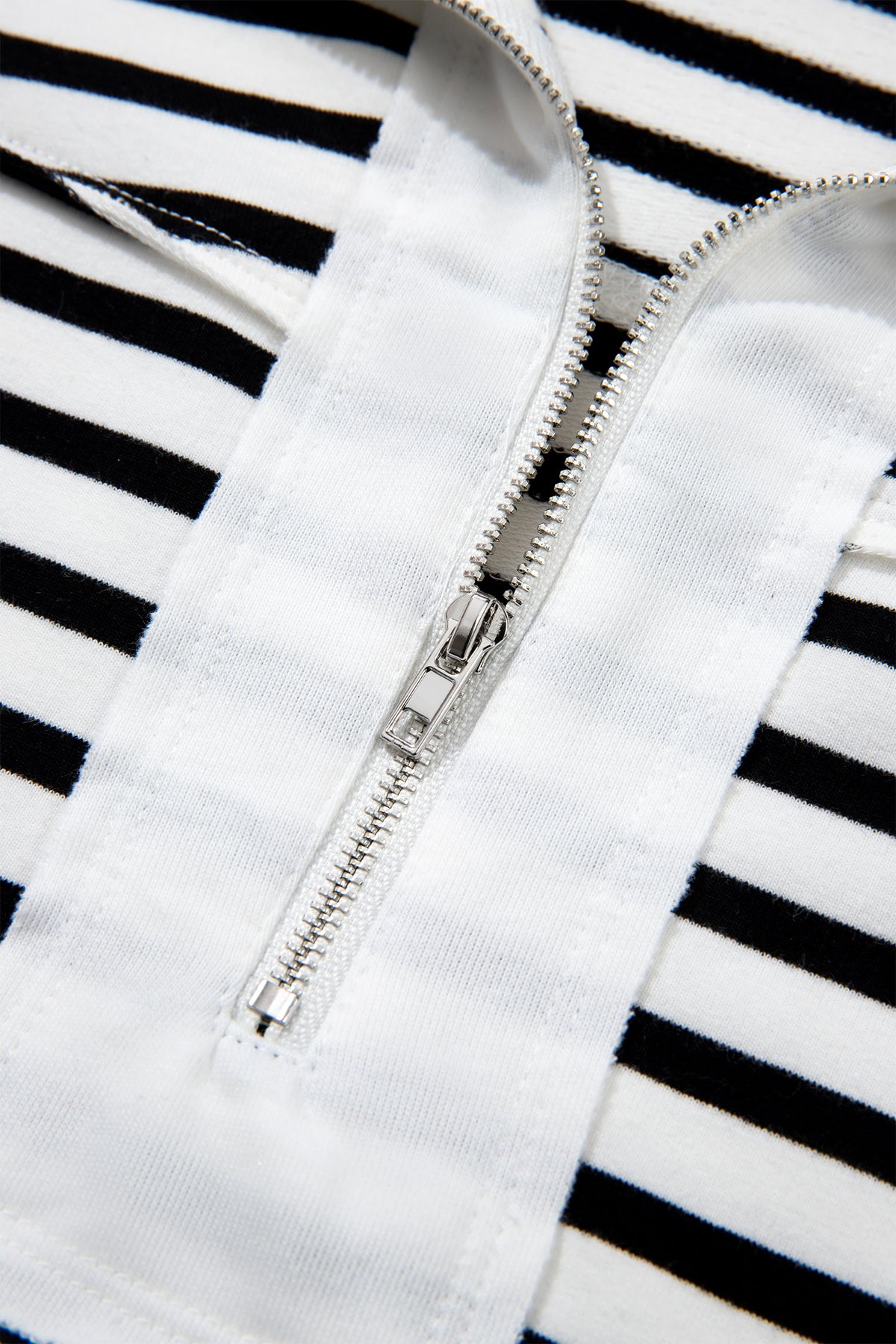 White Stripe Color Block Long Puff Sleeve Metal Zip-Up Collar Top