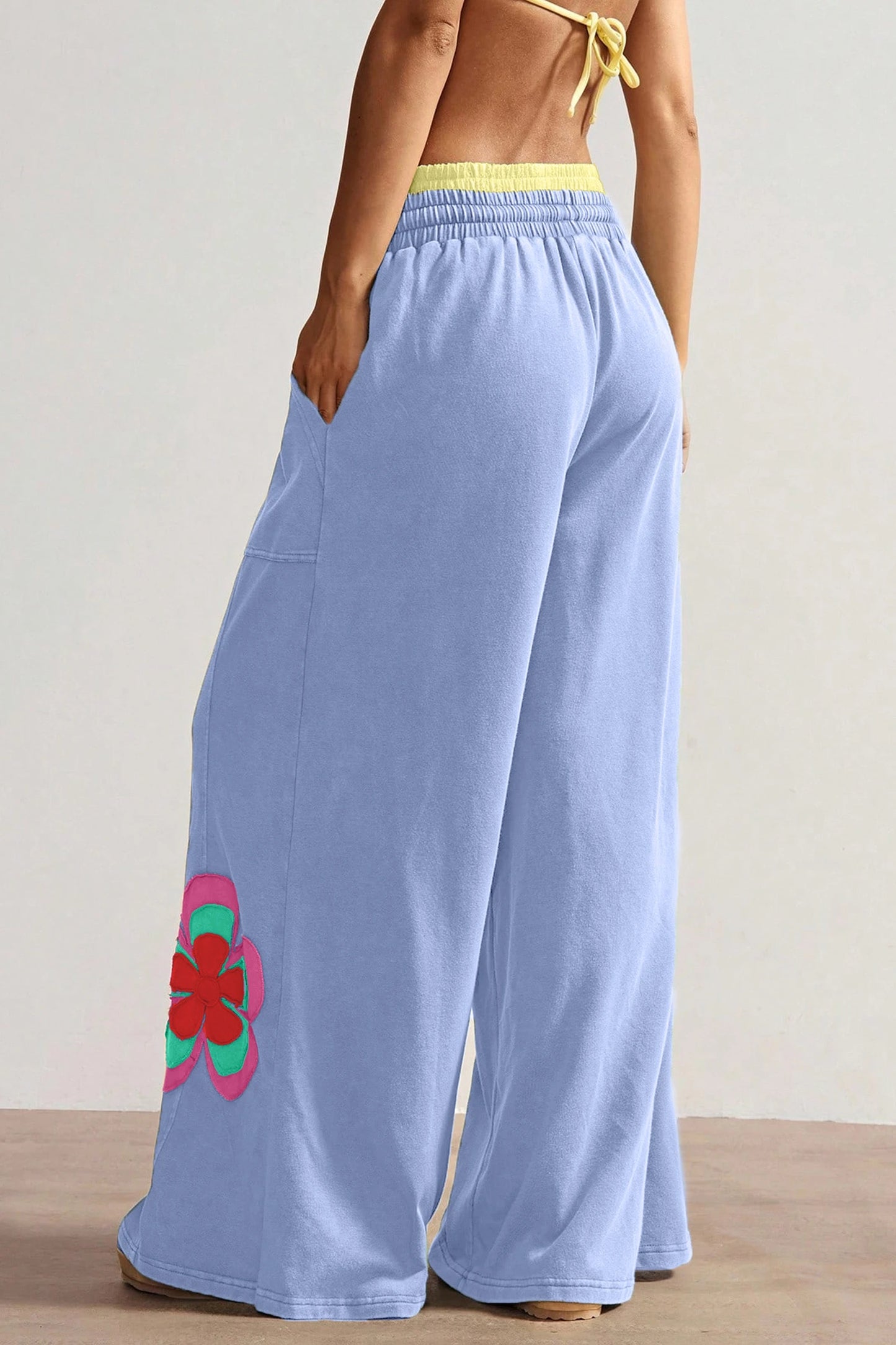 Sky Blue Color Block Flower Patchwork Drawstring Contrasted Elastic Waist Wide Leg Pants