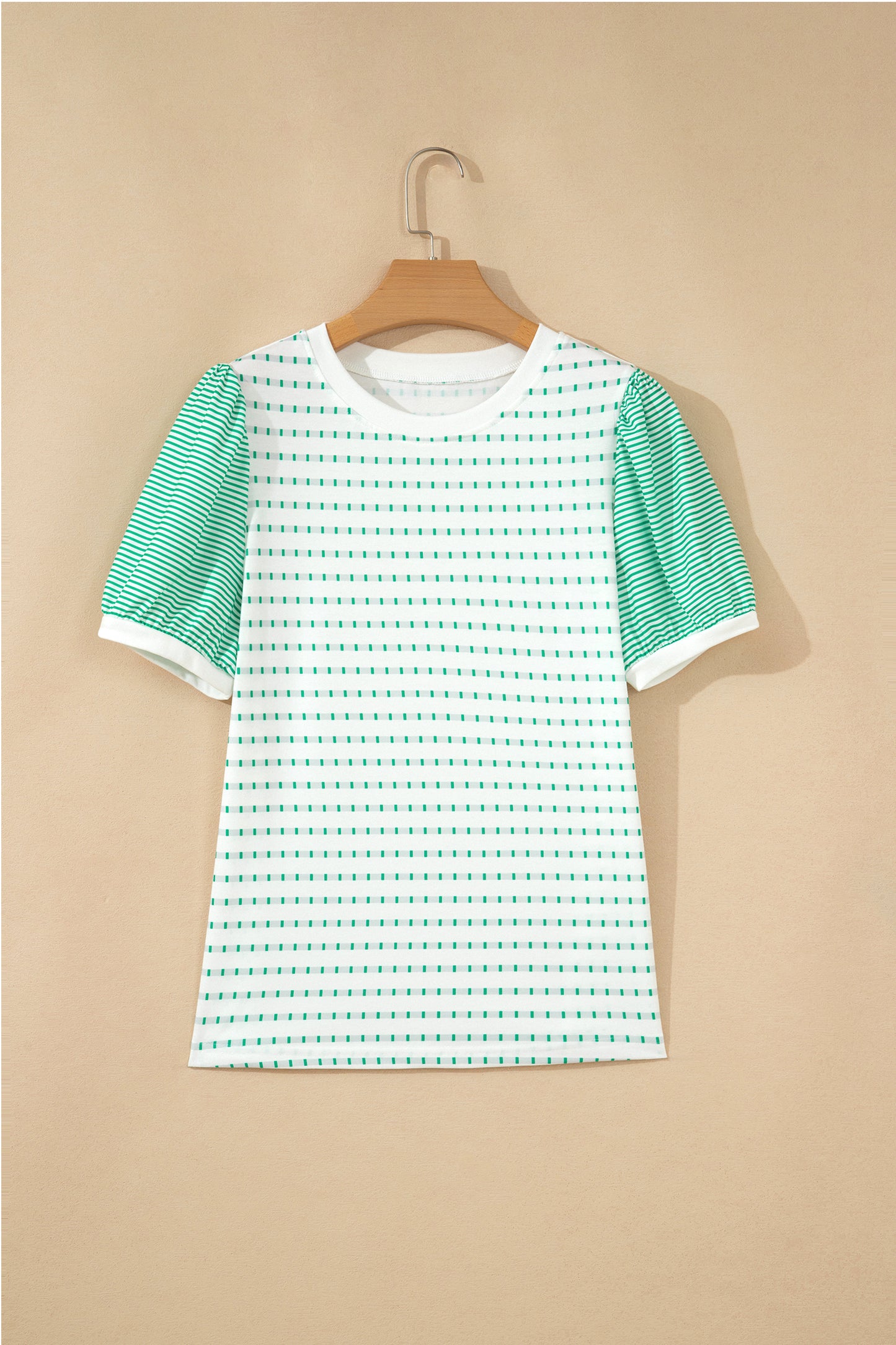 Green Stripe Puff Sleeve Textured Boutique Tee