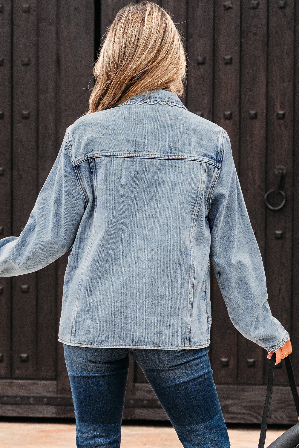 Myosotis Scallop Trim Collar Patched Pocket Button Up Denim Jacket