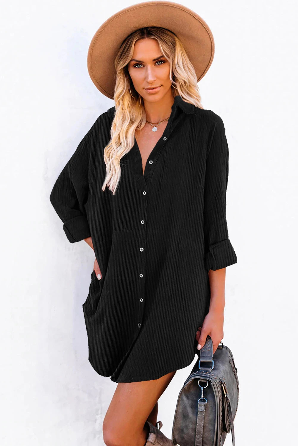 Corduroy Shirt Style Full Button Long Sleeve Shift Mini Dress
