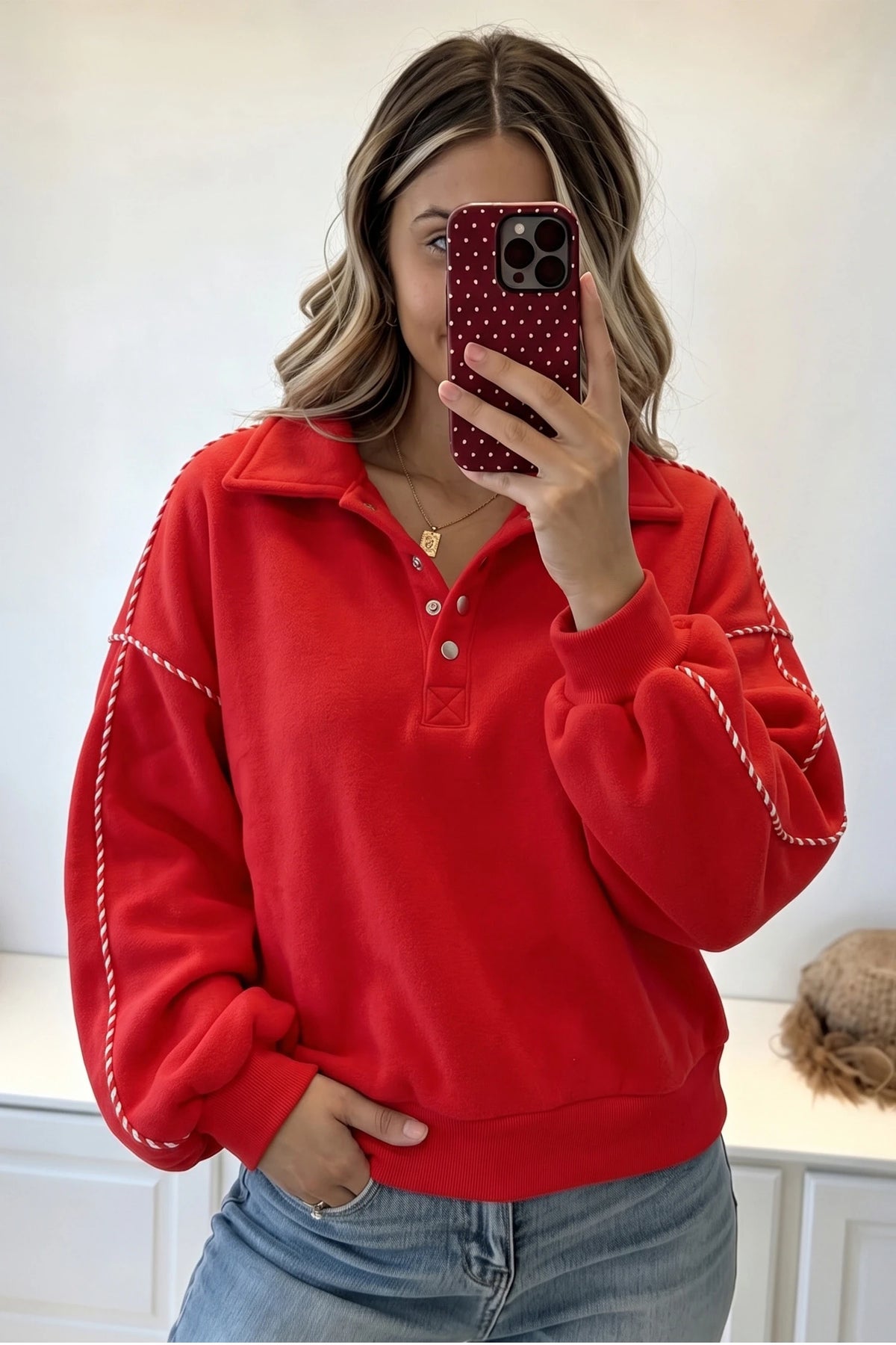 Fiery Red Snap Button Sleeve Candy Cane Lane Detail Pullover Sweatshirt