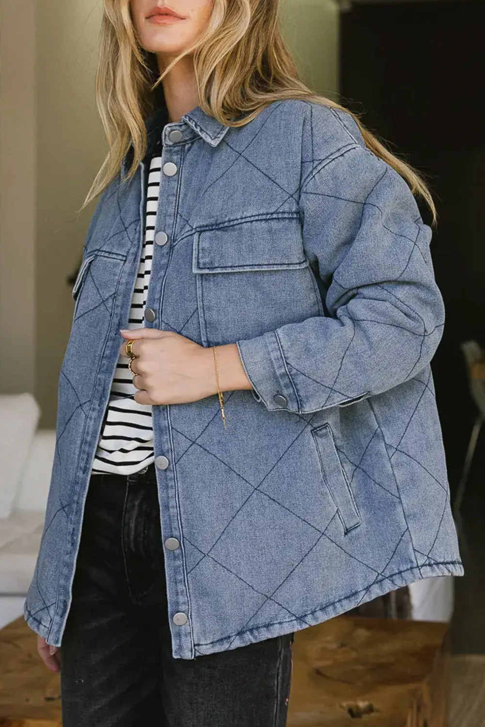 Black Rhombus Stitched Pattern Button Pocketed Denim Jacket