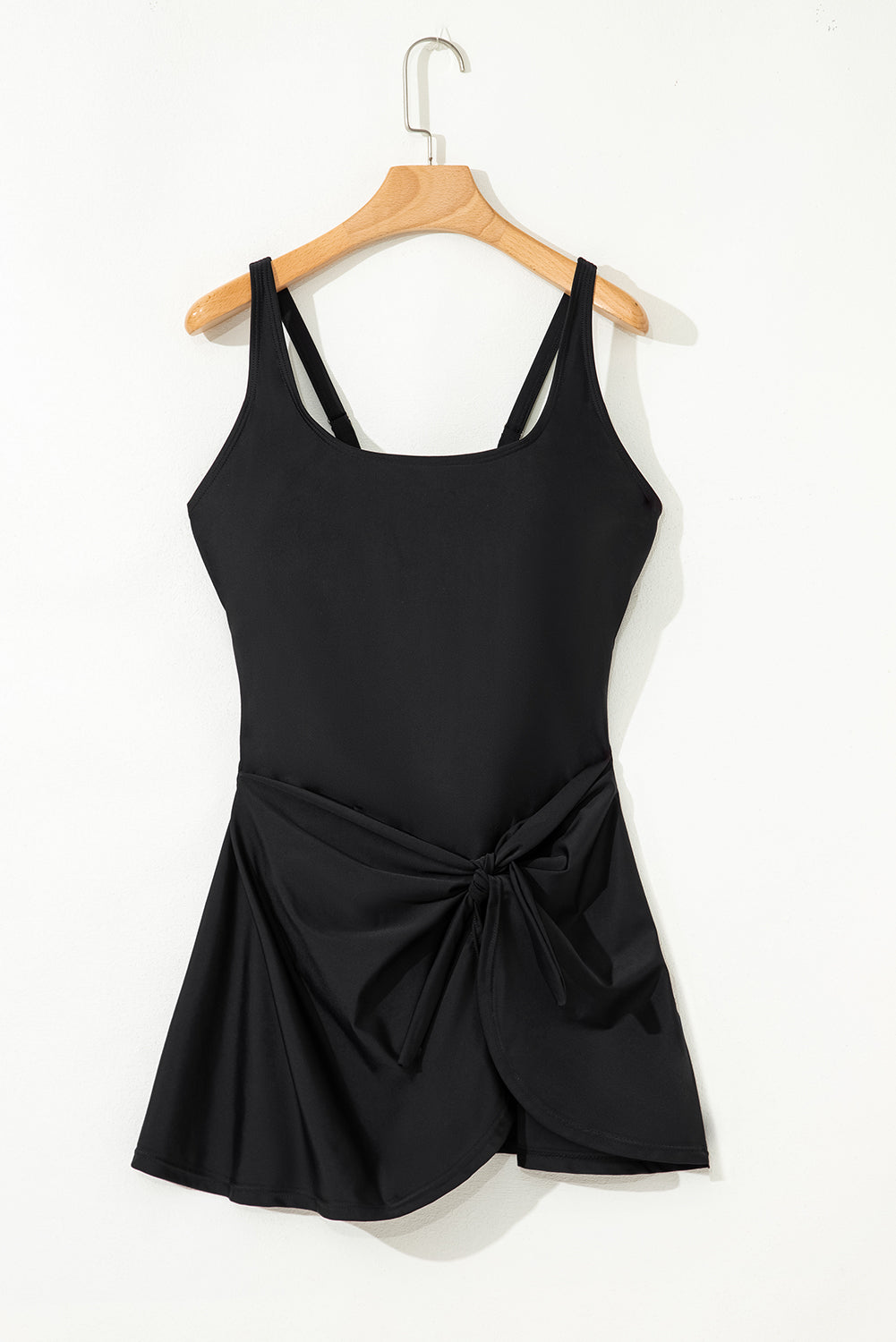 Black U Neck Adjustable Straps Knotted Skirt Patchwork One Piece Swimsuit