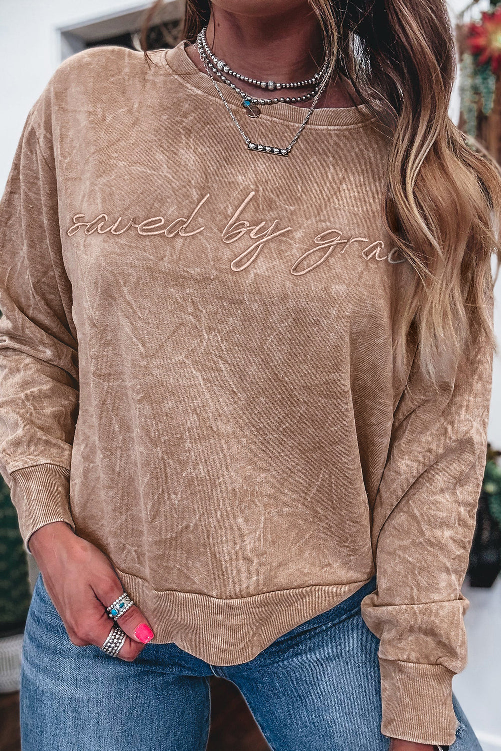 Saved by grace Letter Embroidery Mineral Wash Loose Sweatshirt