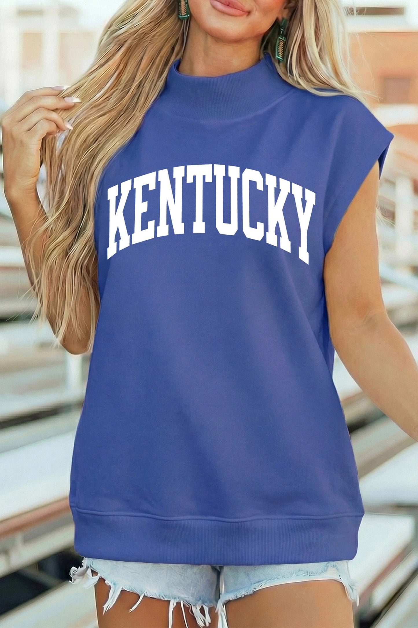 Sky Blue KENTUCKY Leopard KY Double Side Printed Mock Neck Tee