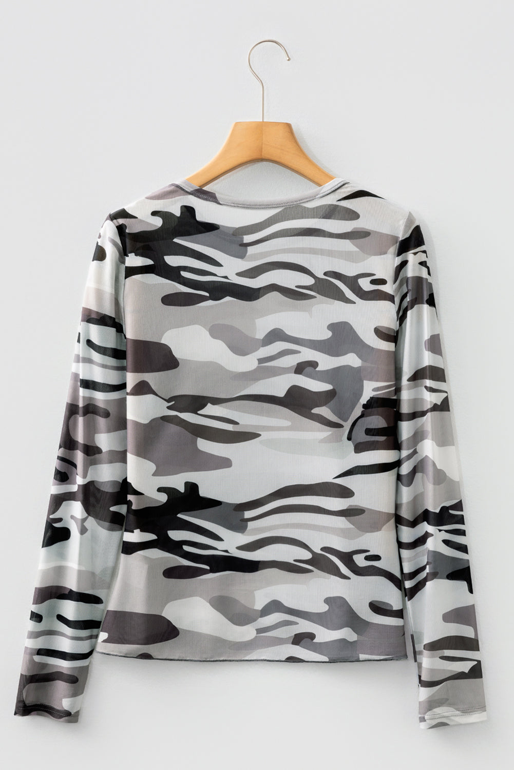 Green Western Fashion Camouflage Print Mesh Long Sleeve Top