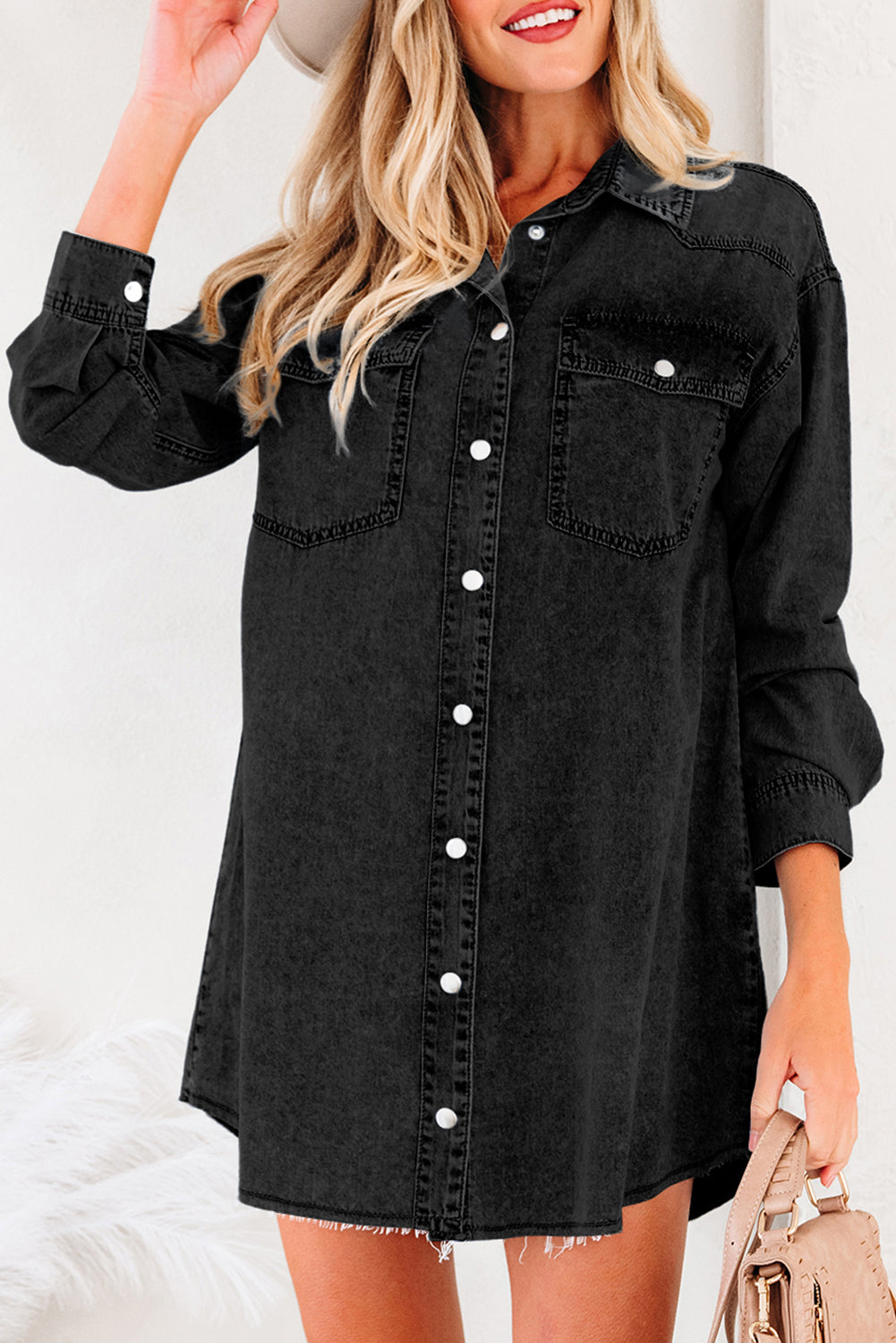Beau Blue Chest Pocket Raw Hem Denim Loose Shirt Dress