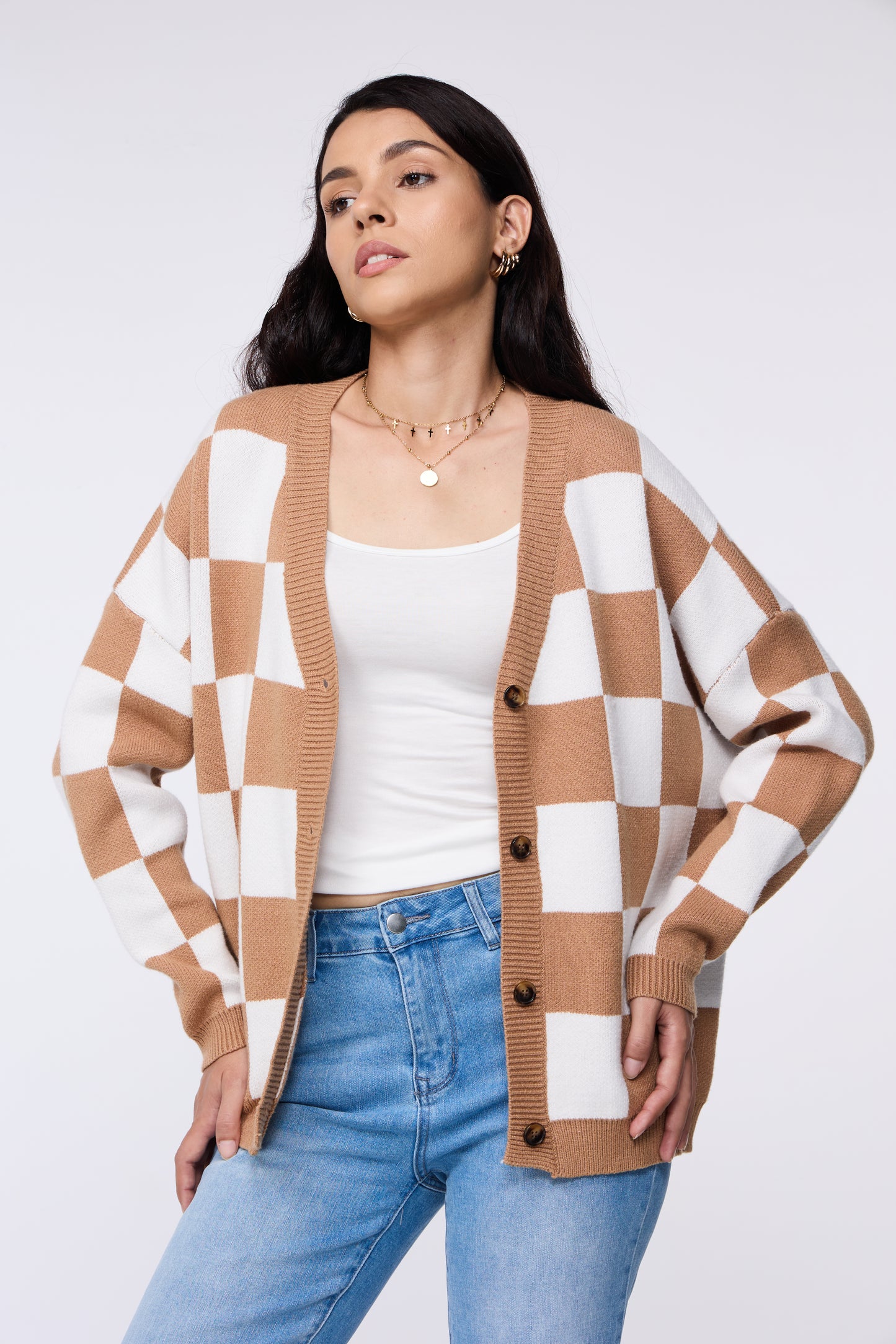 Checkered Knit Cardigan Sweater – Cozy and Trendy