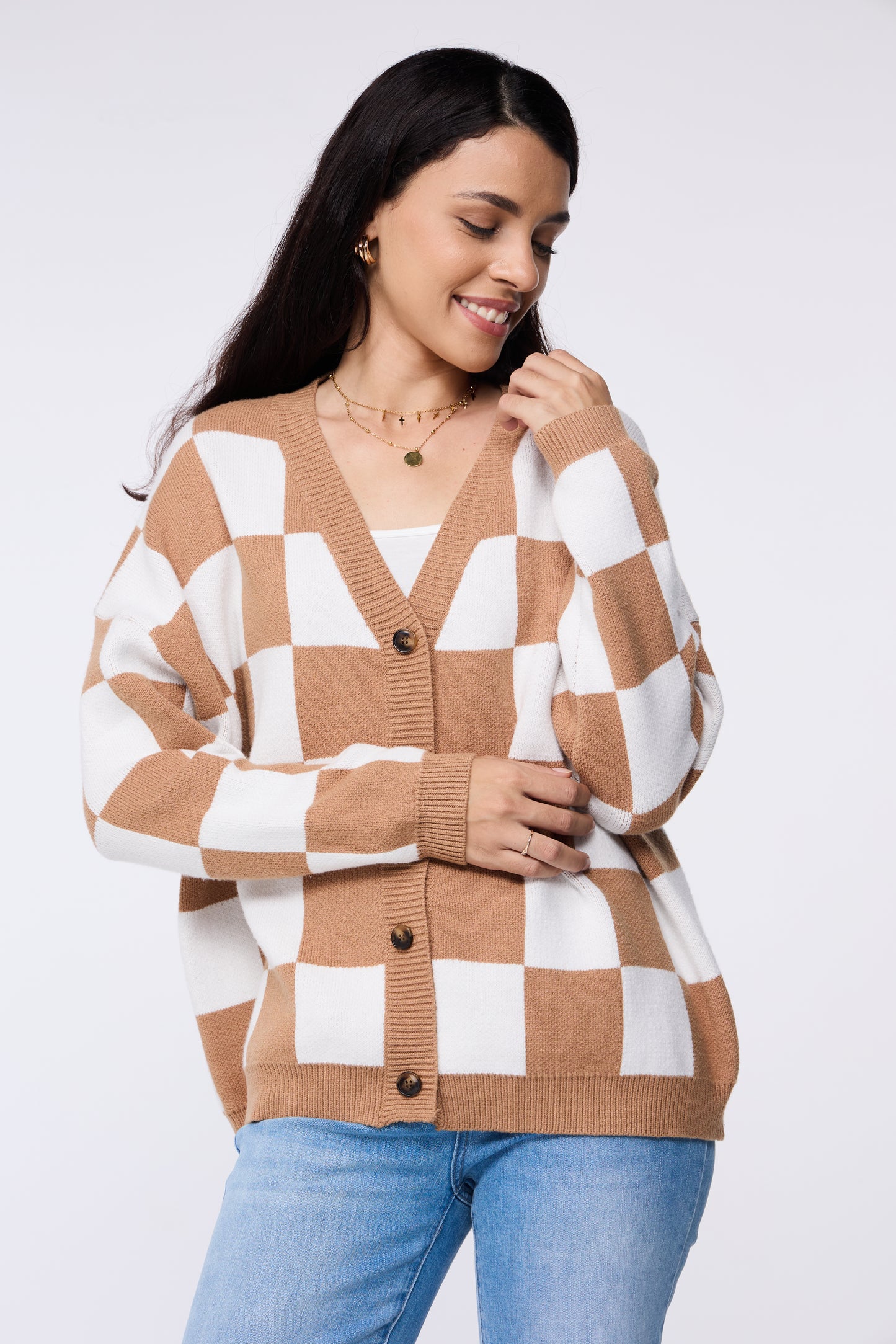 Checkered Knit Cardigan Sweater – Cozy and Trendy