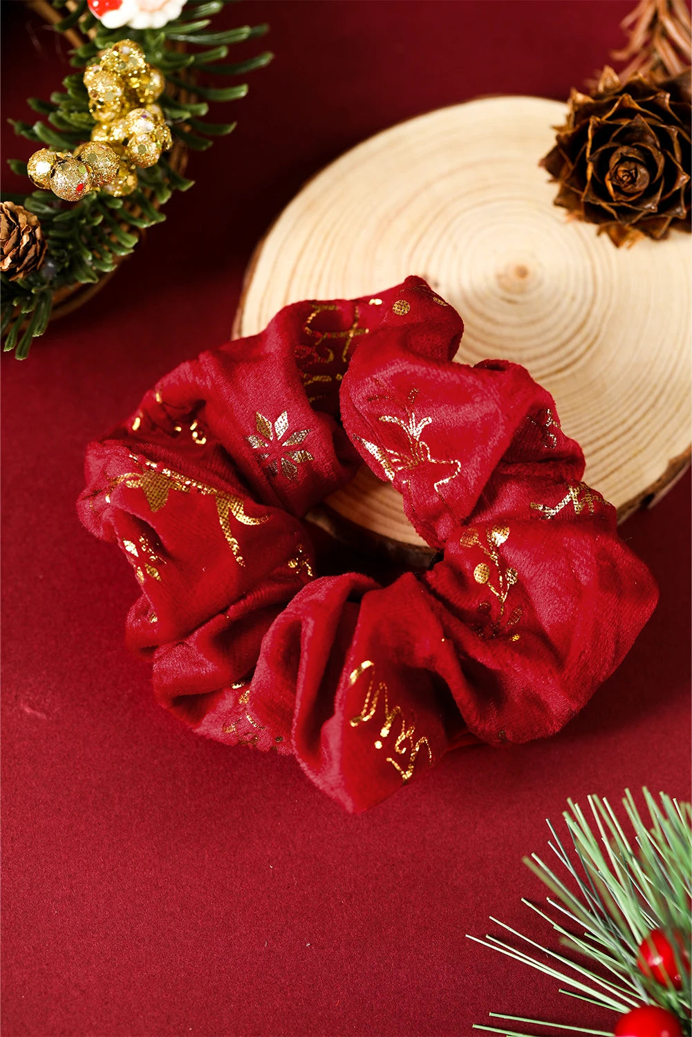 Fiery Red Shimmer Christmas Snowflake Reindeer Print Scrunchie Hair Tie