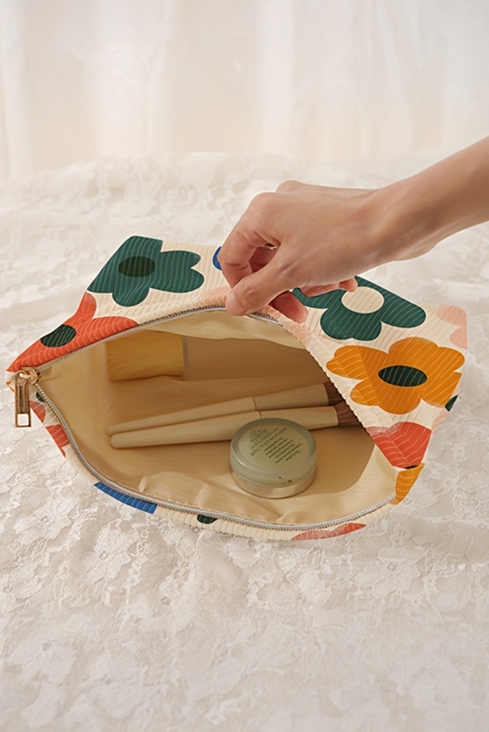 White Floral Print Corduroy Minimalist Storage Bag