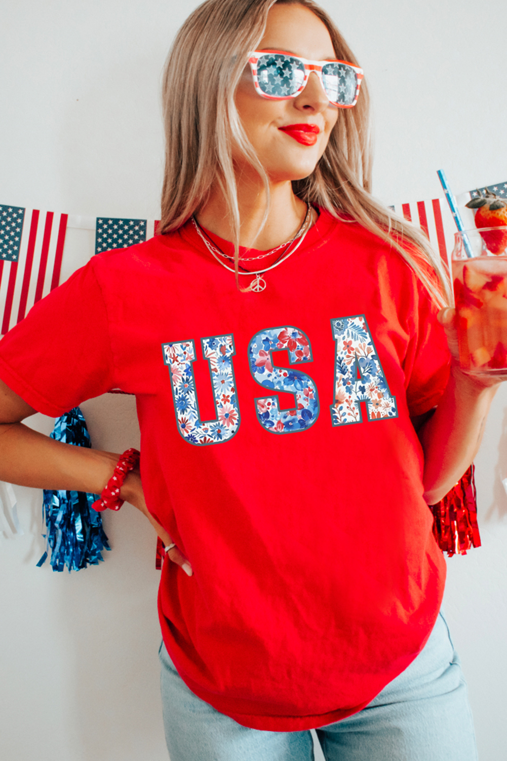 Red Floral USA Graphic Cuffed Sleeve Crew Neck Tee