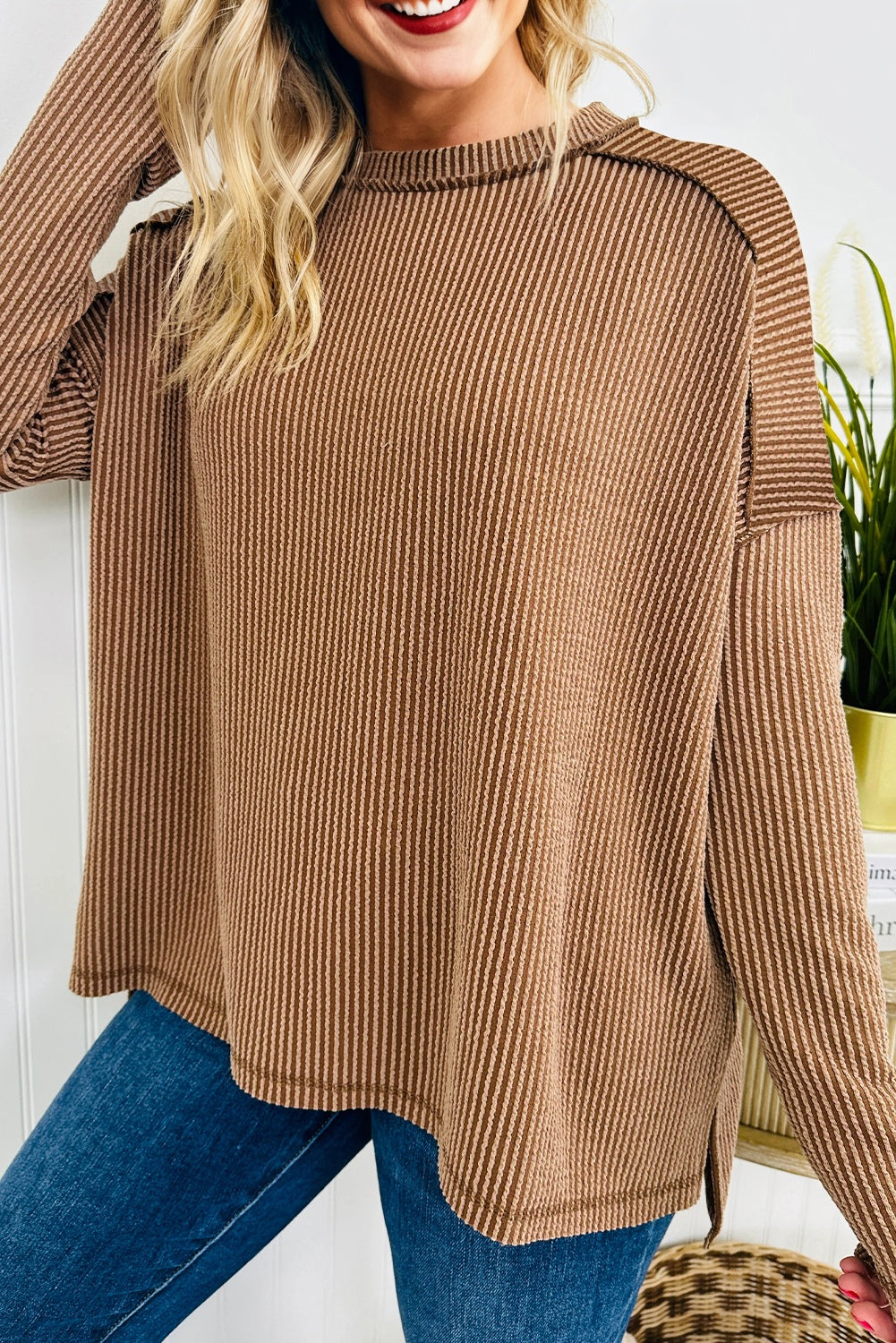 Black Twist Ribbed Exposed Seam Detail Long Sleeve Loose Top