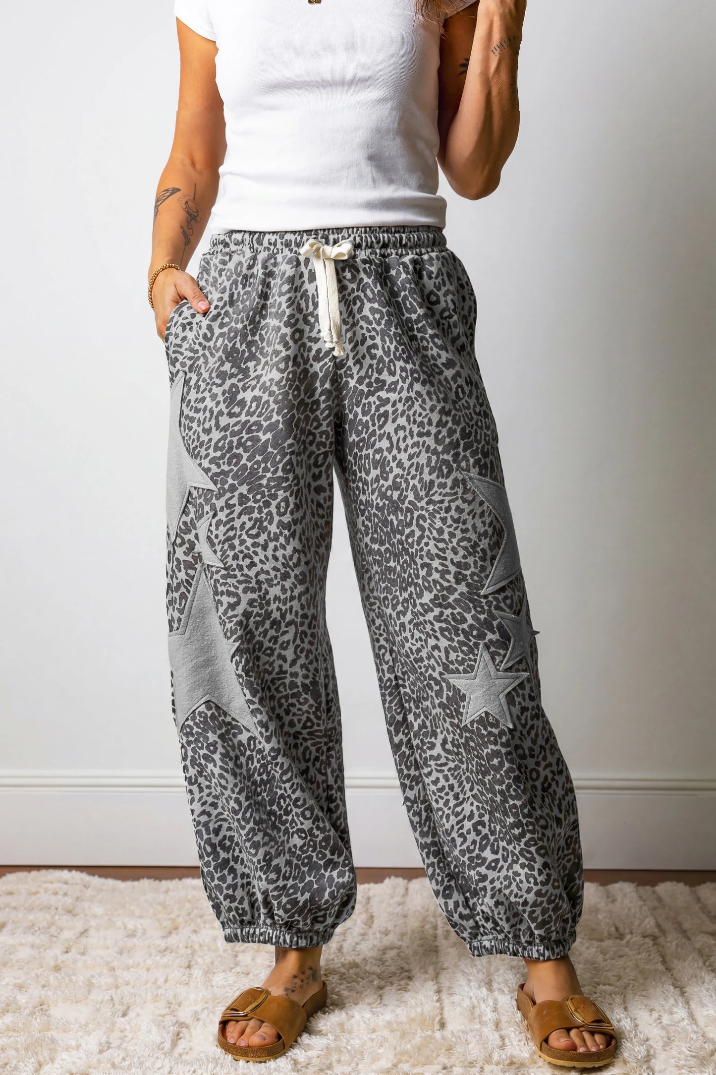 Leopard Print Star Patched Drawstring Elastic Waist Jogger Pants