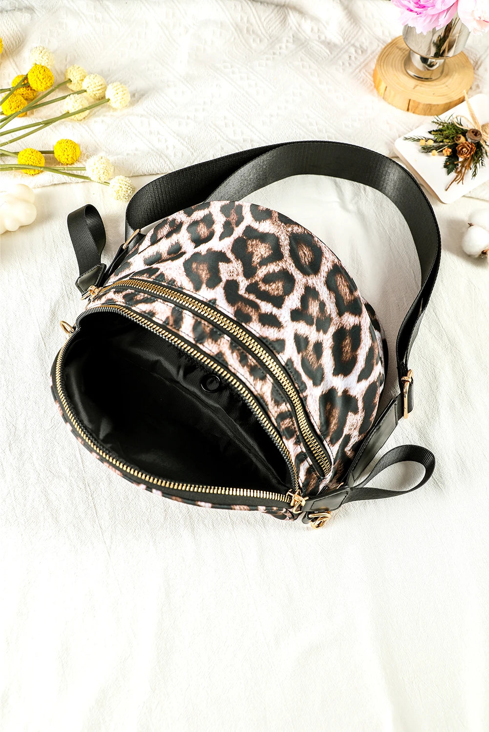 Print Gold Chain Strap Double Zipper Crossbody Bag