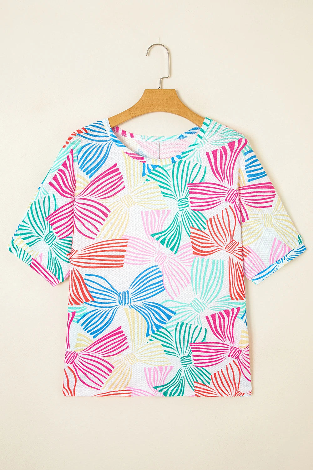 Multicolour Bowknot Printed Waffle Crewneck Loose Short Sleeve Top