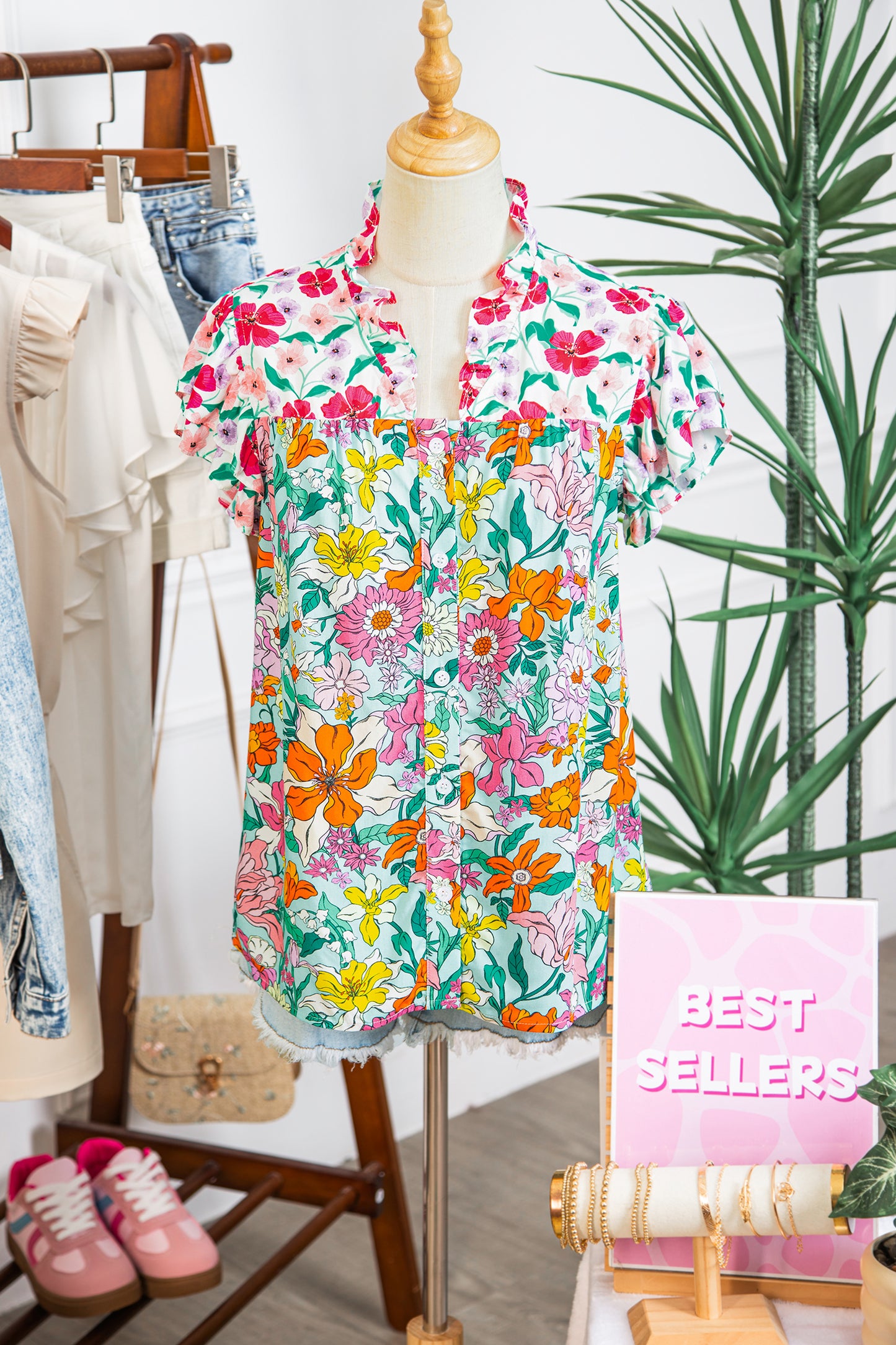 Sky Blue Floral Print Split Neck Button Front Flutter Sleeve Blouse