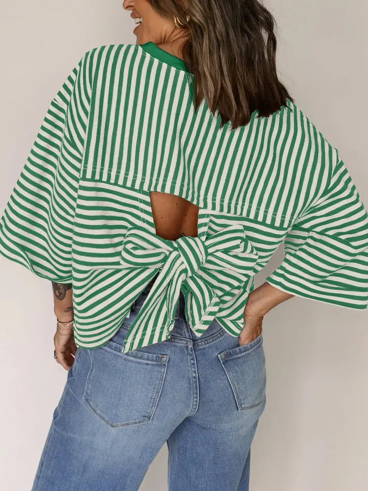 Red Stripe Bowknot Cutout Back Drop Shoulder Wide Bracelet Sleeve Loose Tee