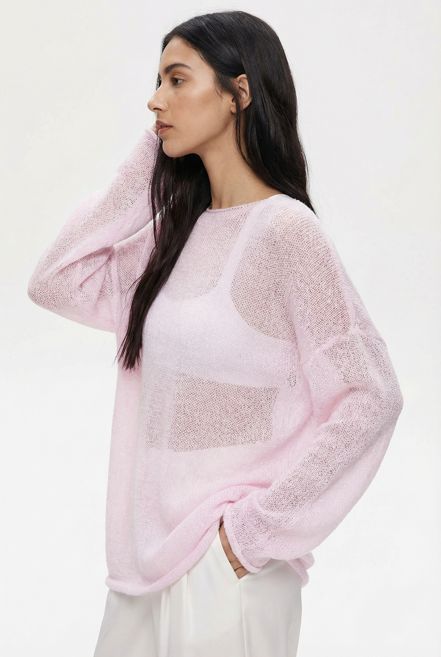Solid Color Sheer Knit Drop Shoulder Sweater Top