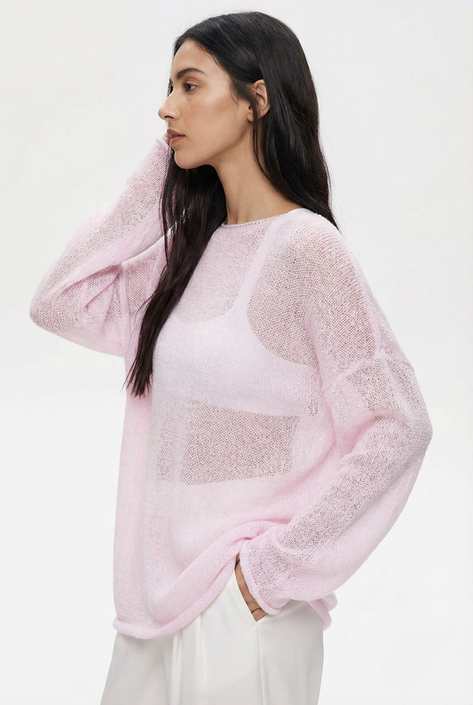Solid Color Sheer Knit Drop Shoulder Sweater Top