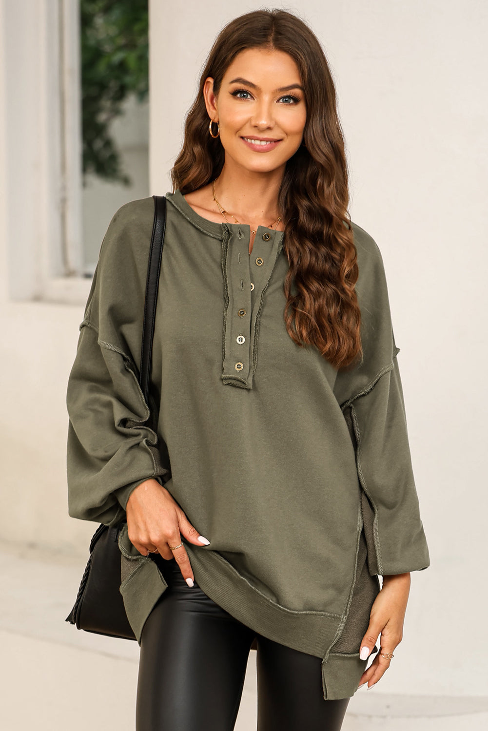 Oversized Exposed Seam Henley Casual Sweatshirt