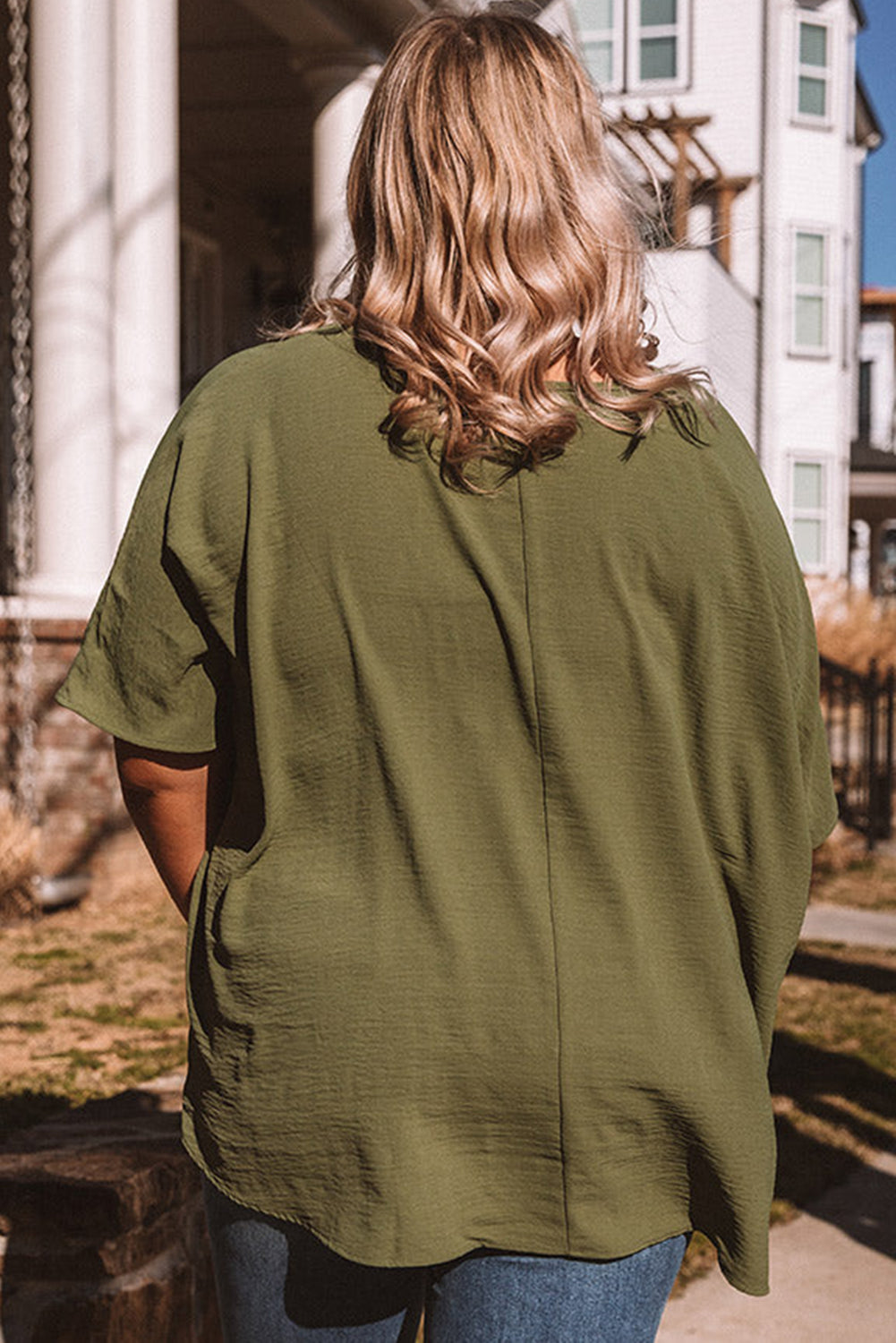 Pink Textured Half Sleeve V Neck Plus Size T Shirt with Chest Pocket