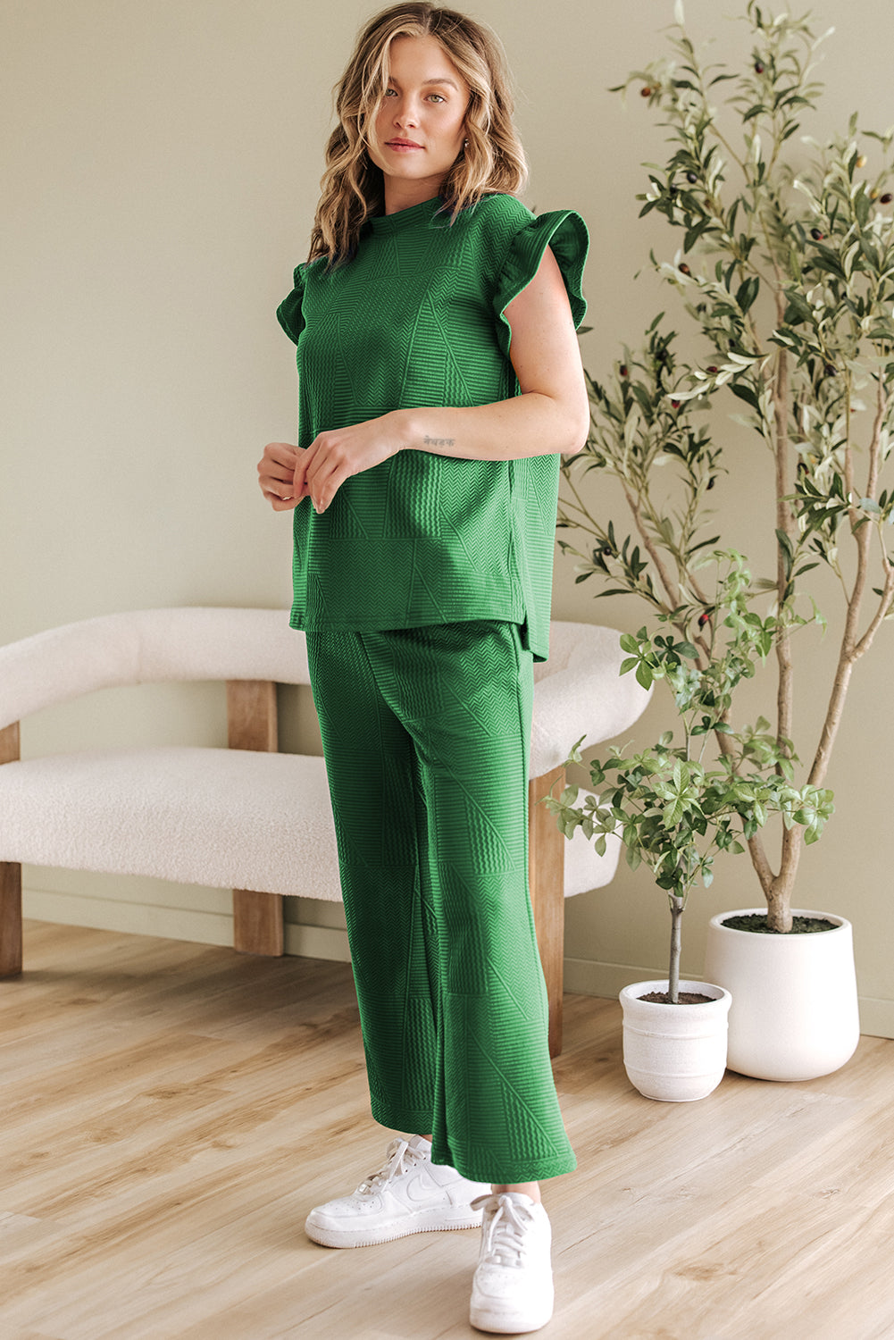 Ruffled Sleeve Summer Top and Cropped Loose Pants Set