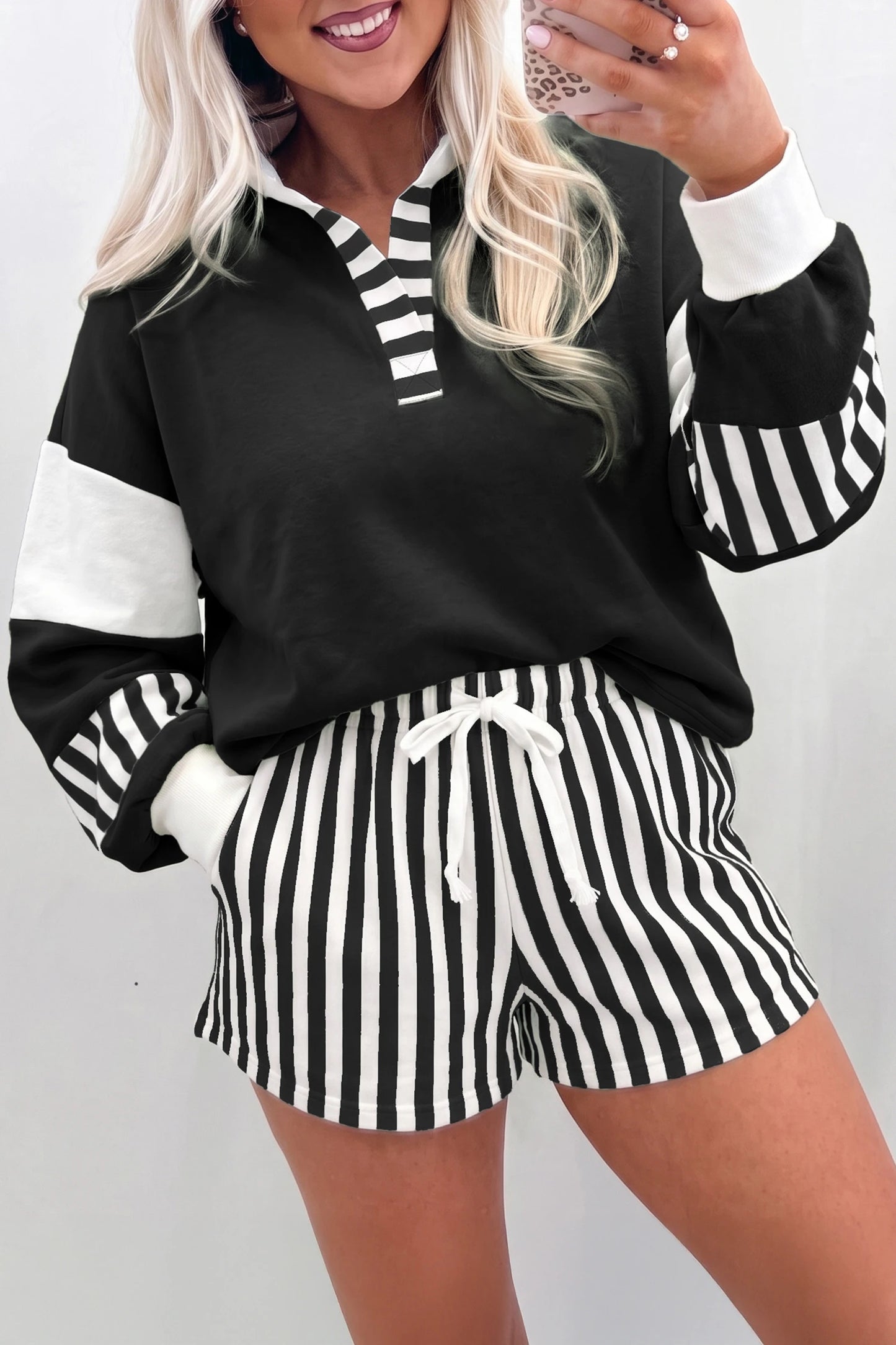 Smoke Green Striped Color Block Pullover Top Drawstring Shorts Set