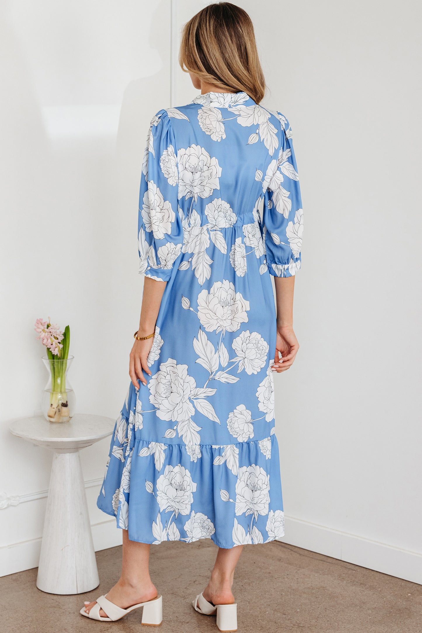 Sky Blue Floral Print Shirt Collar Button Down 3/4 Sleeve Ruffle Hem Long Dress