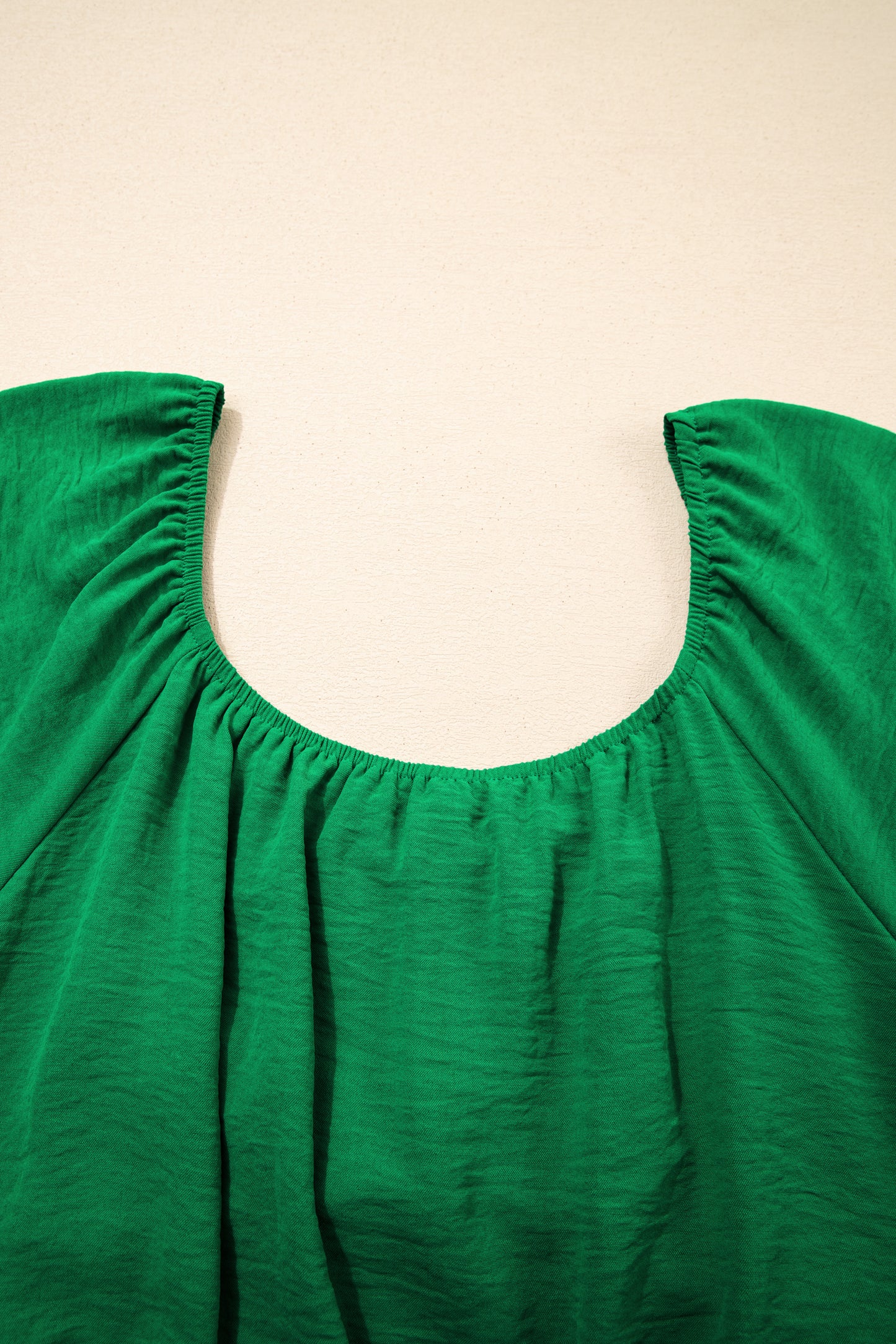 Dark Green Solid Color Ruched Crossed Waist Tied Back Short Sleeve Peplum Top