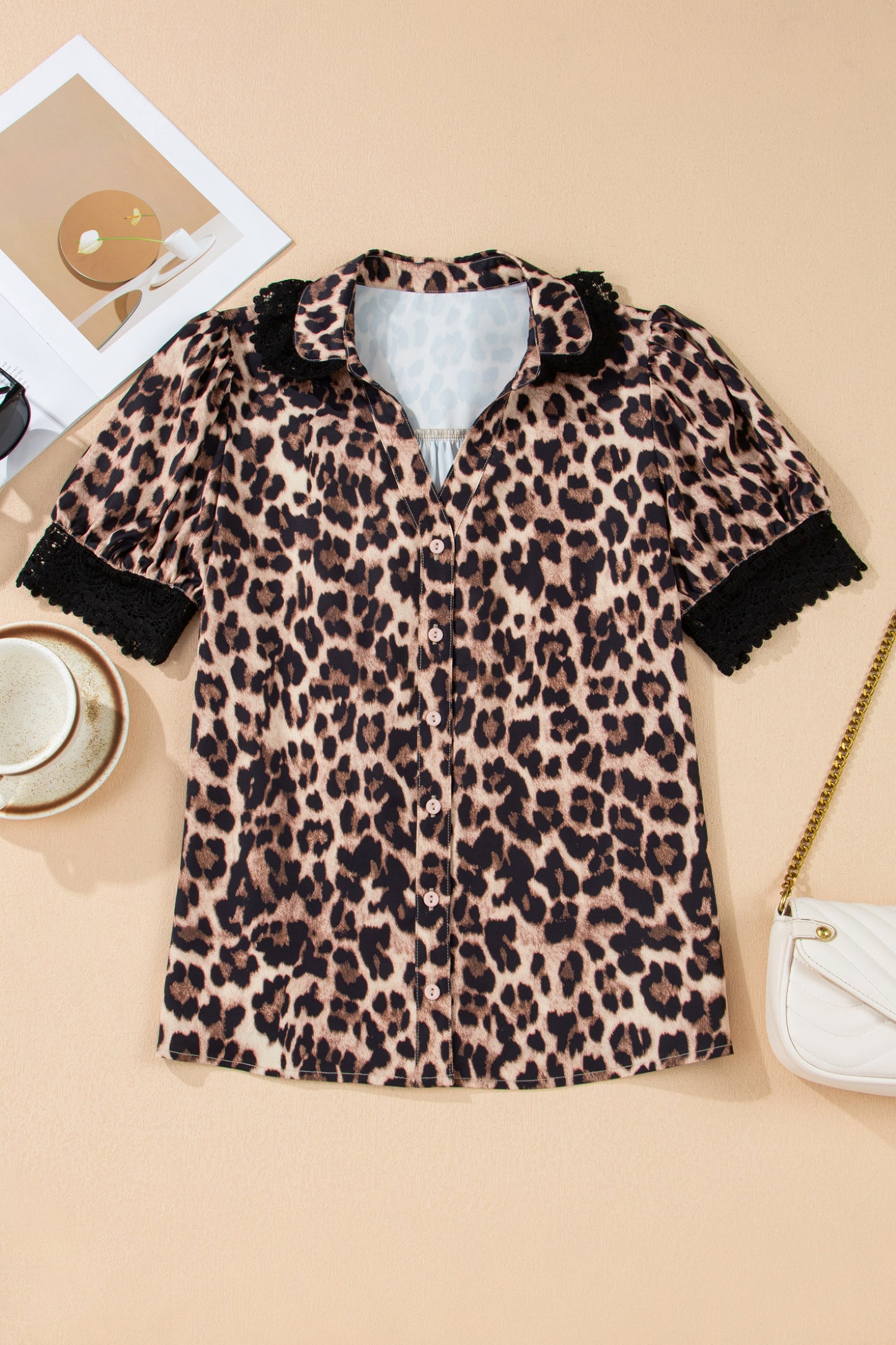 Brown Leopard Print Button Down Lace Trim Short Sleeve Shirt