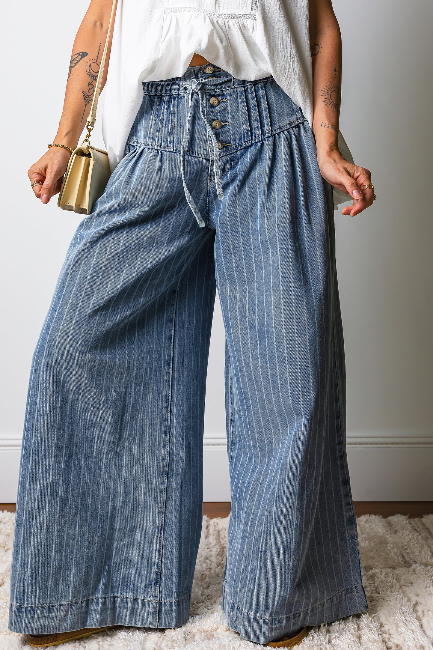 Sky Blue Stripe Button Pleated Drawstring Waist Casual Wide Leg Jeans