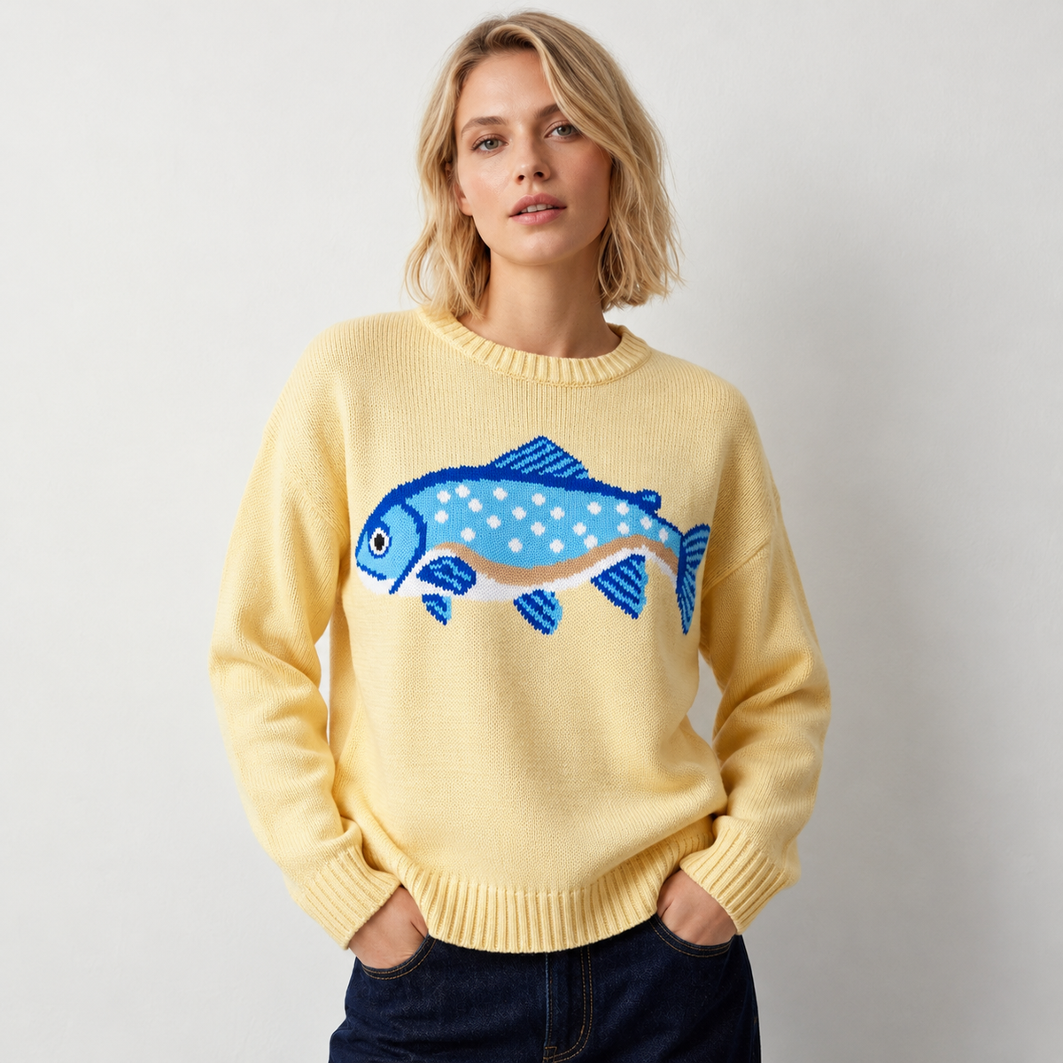 Women's Oversized Crew Neck Fish Graphic Knit Sweater