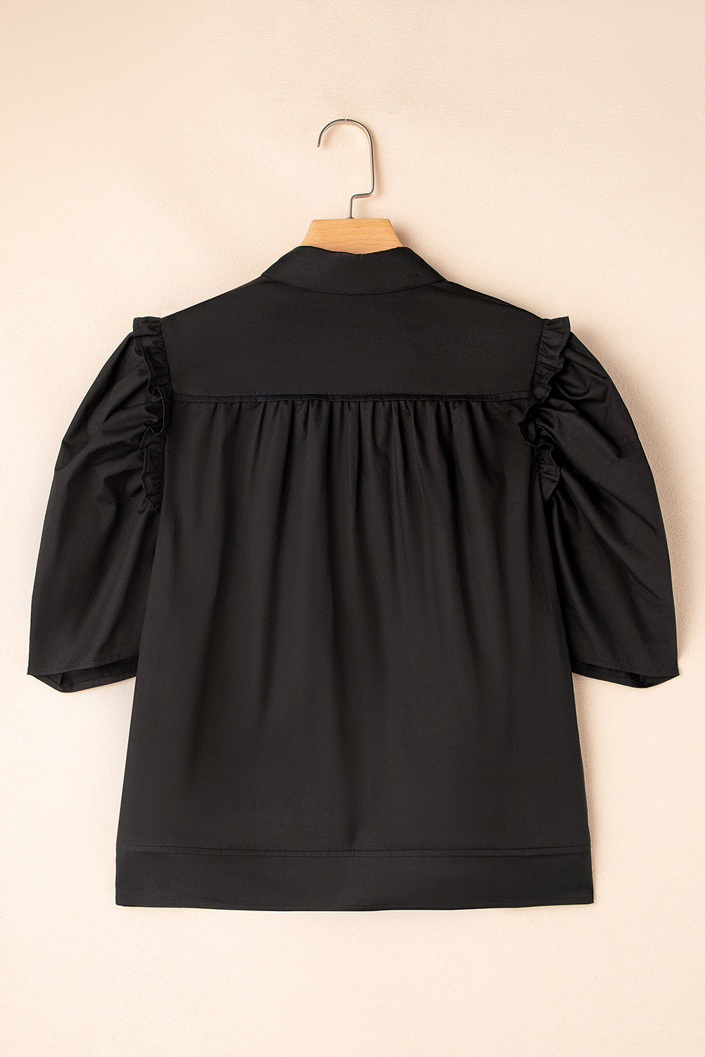 Black Frilly Puff Sleeve Stylish Collared Shirt