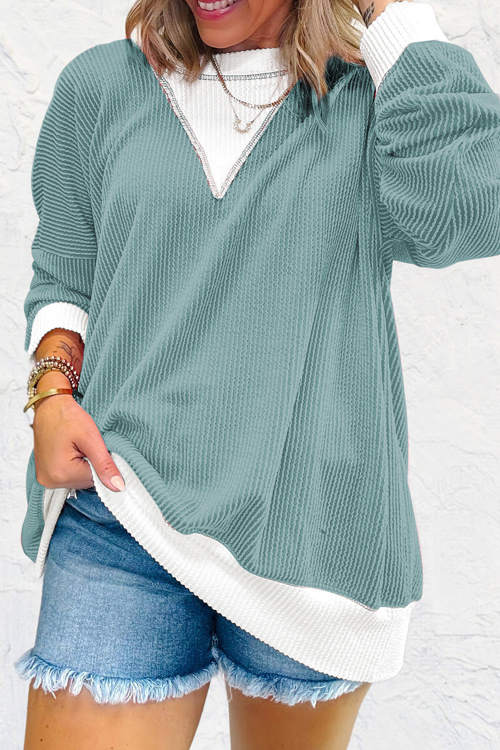 Blossom Corded Colorblock Drop Shoulder Loose Top