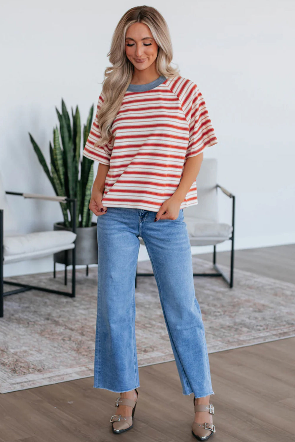 Tomato Red Stripe Print Contrast Collar Raglan Sleeve T Shirt