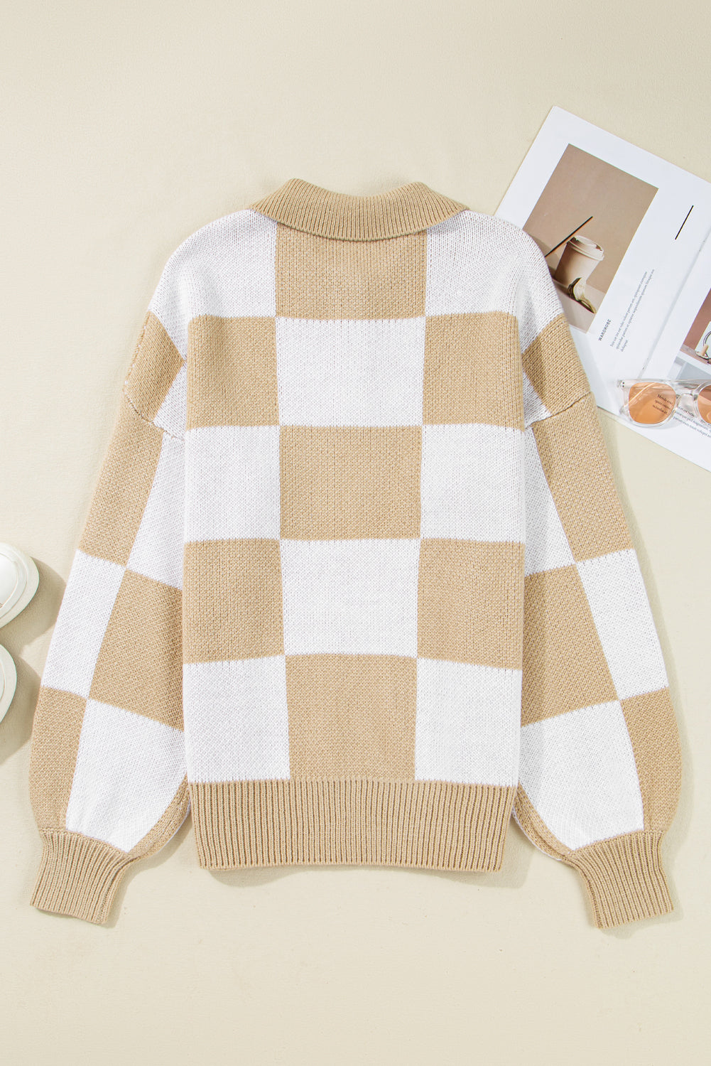 Grapefruit Orange Checkered Pattern Polo Collar Loose Sweater