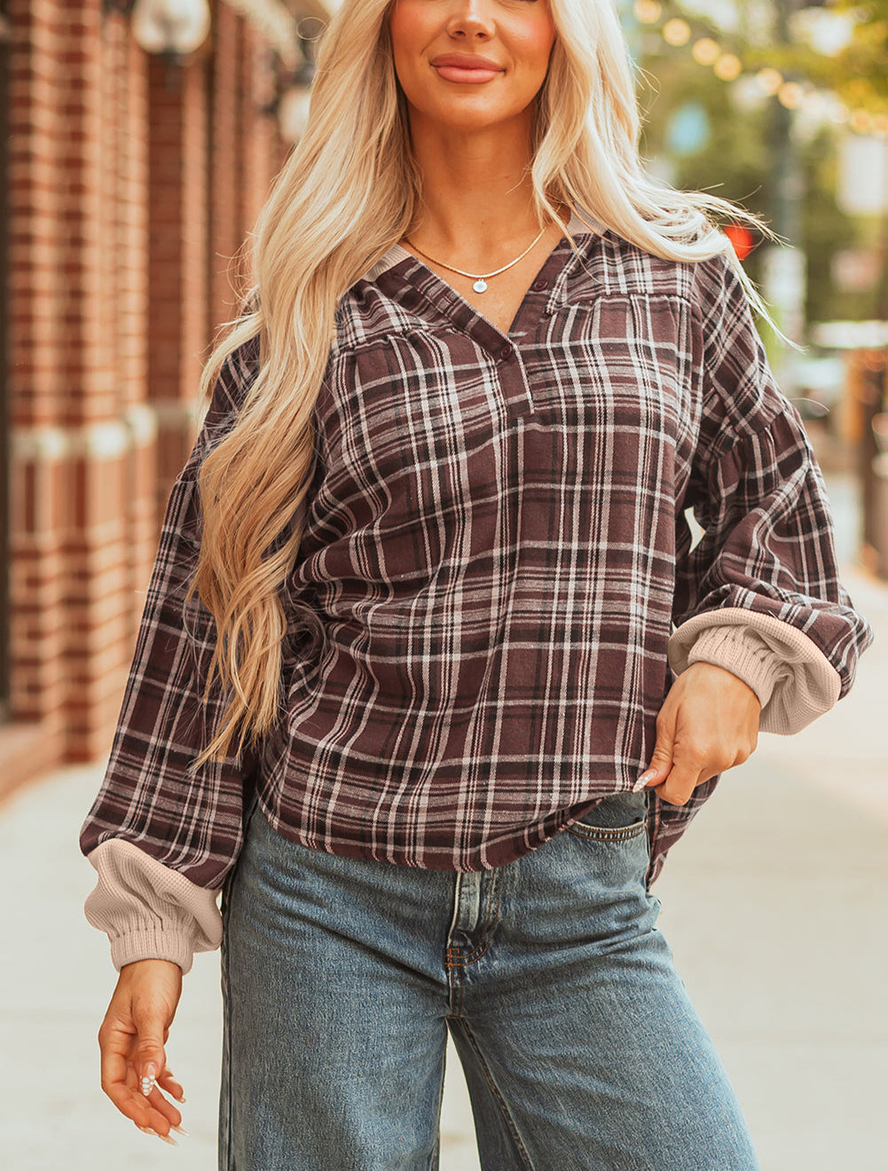 Brown Plaid Patchwork Long Sleeve Button Hooded Blouse