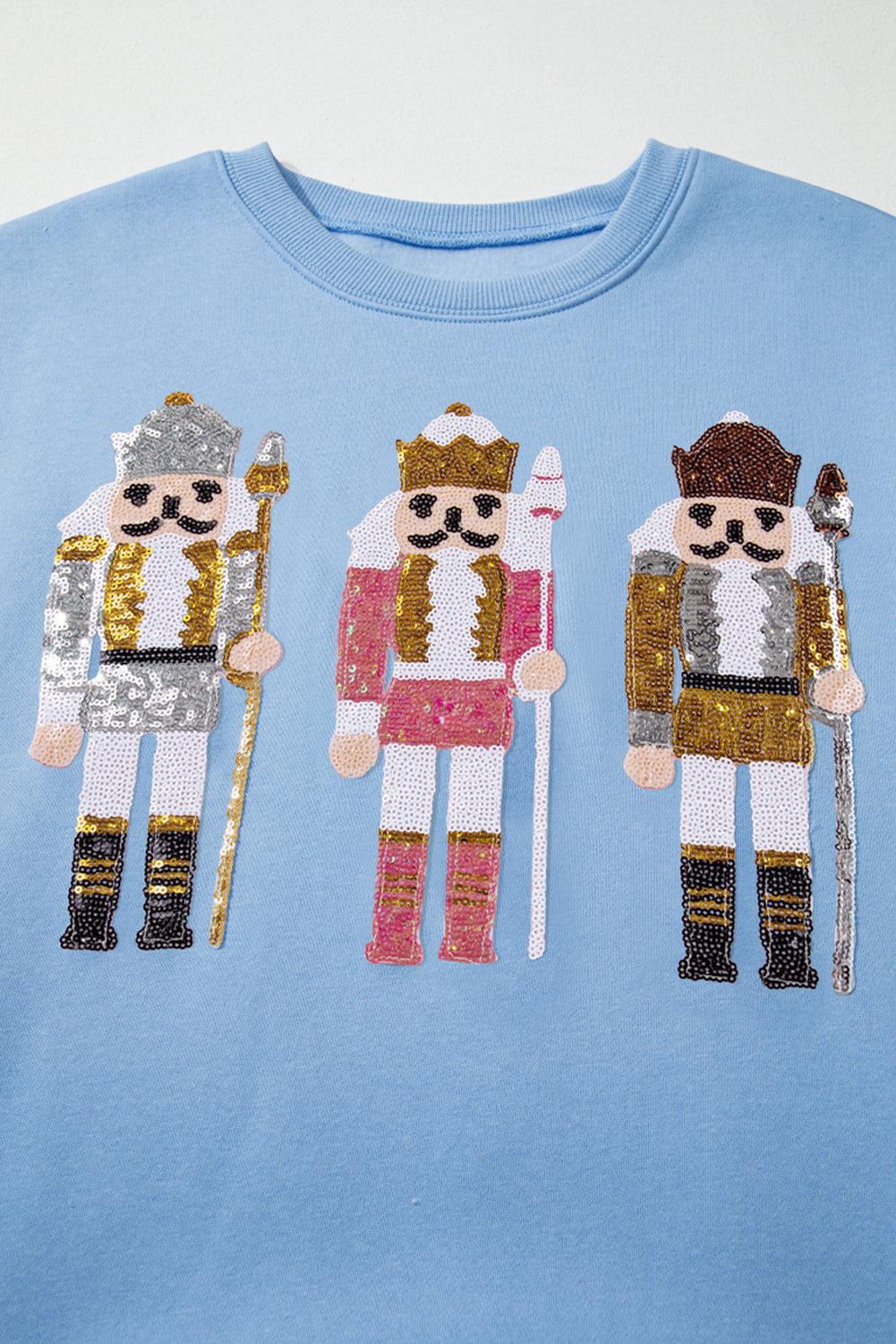 Beau Blue Sequin Nutcracker Textured Sleeve Patchwork Color Block Sweatshirt