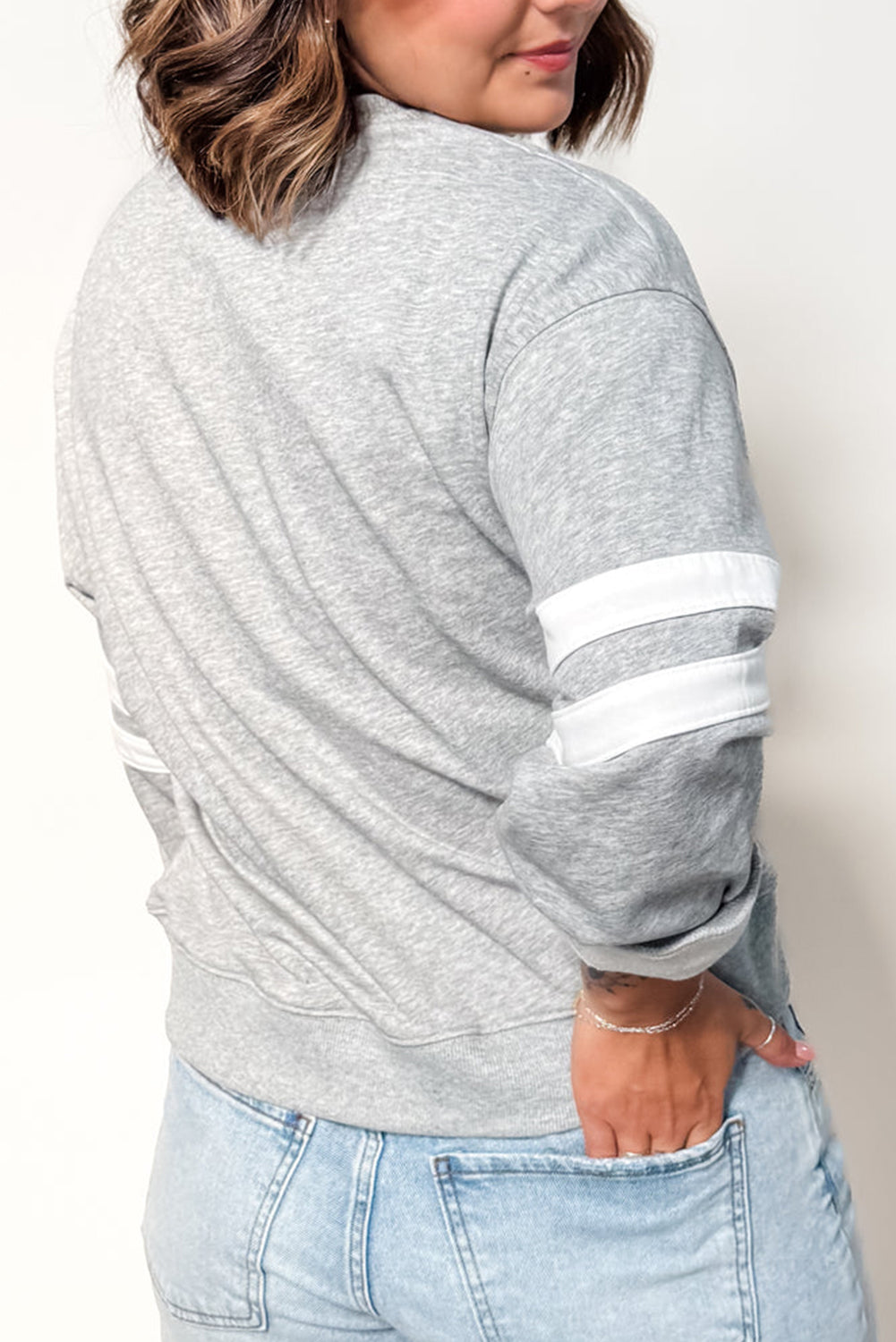 Light Grey Varsity Striped Detail Crew Neck Plus Sweatshirt