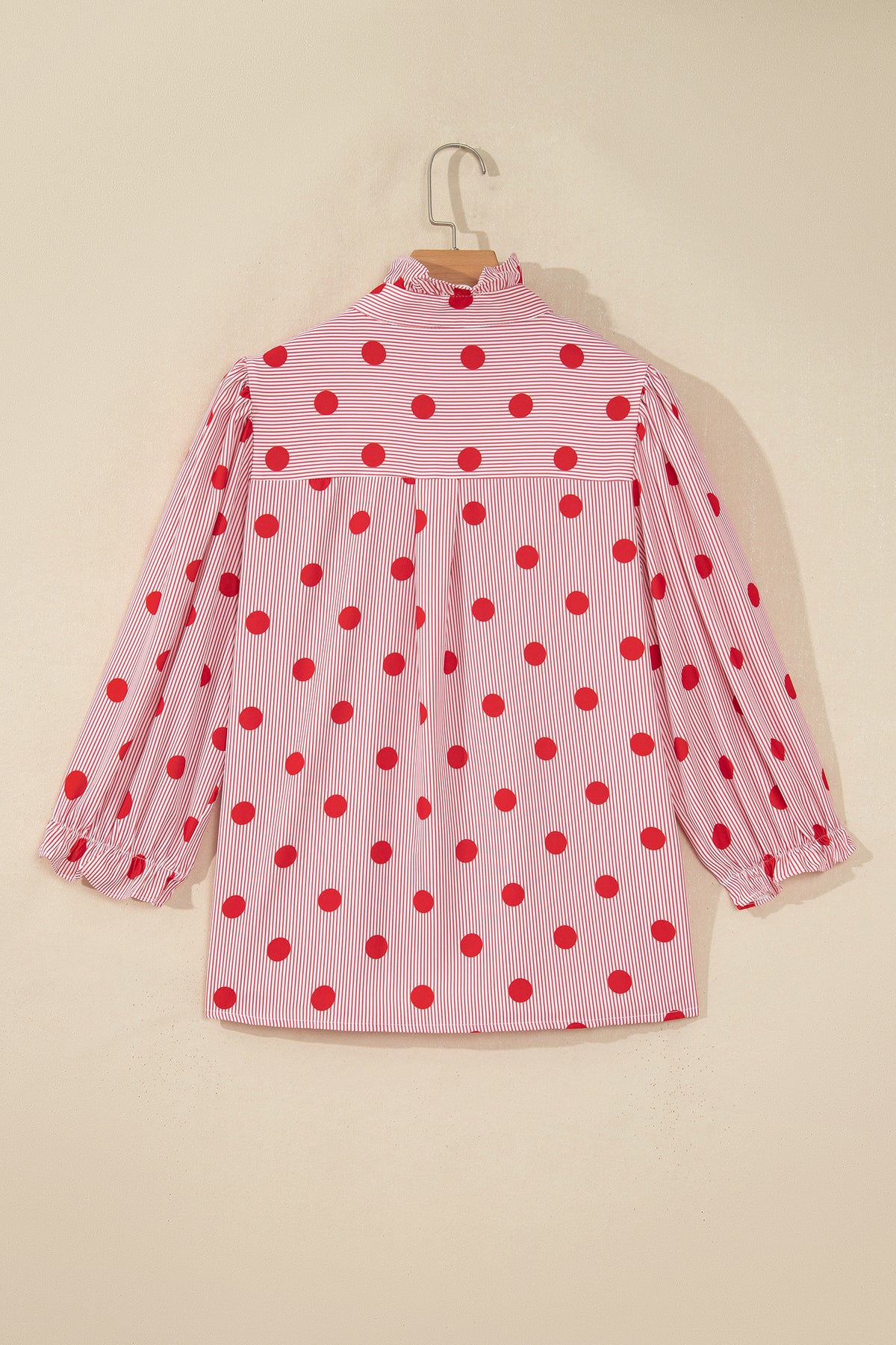 Black white Polka Dot Striped Print Ruffle Stand Neck 3/4 Sleeve Shift Shirt