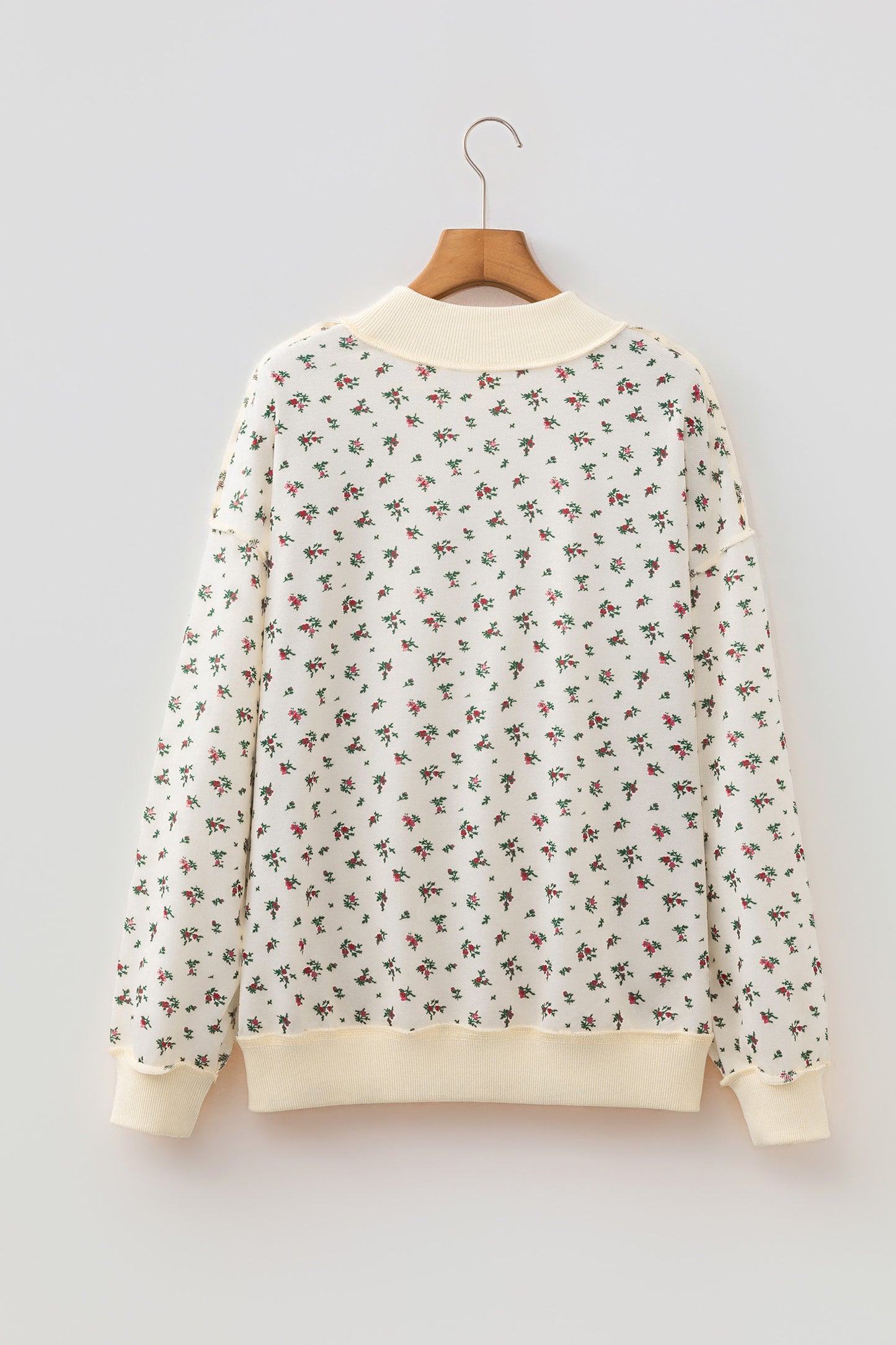 Beige Ribbed High Neck Patchwork Floral Print Baggy Pullover Sweatshirt