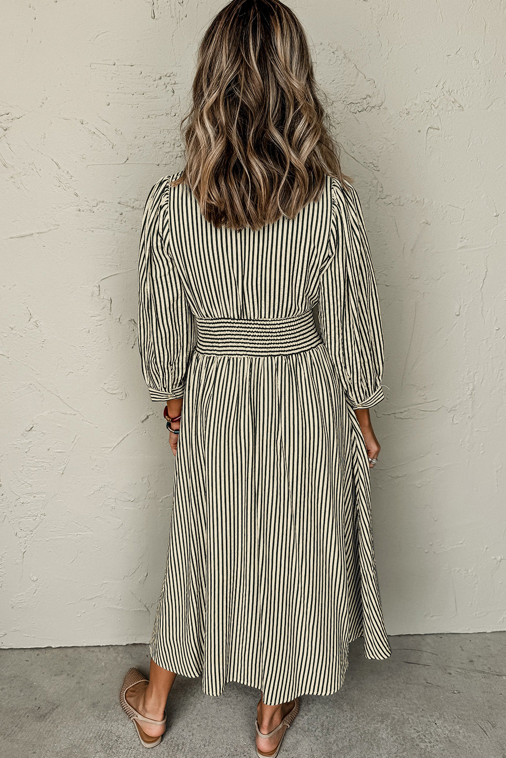 Green Stripe V Neck Zip Front Cinched High Waist Midi Dress