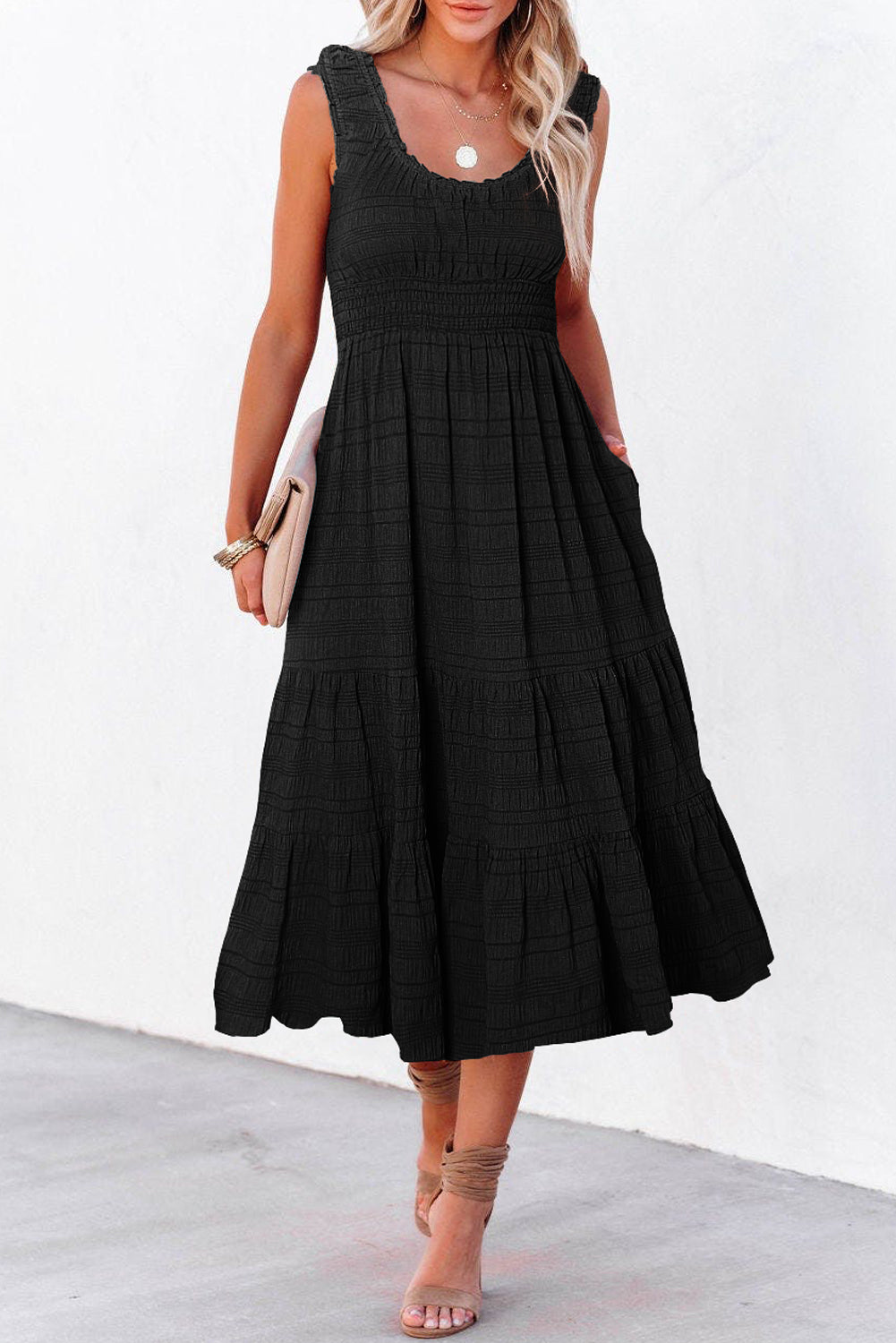Sky Blue Shirred Pleated Square Neck Sleeveless Midi Dress