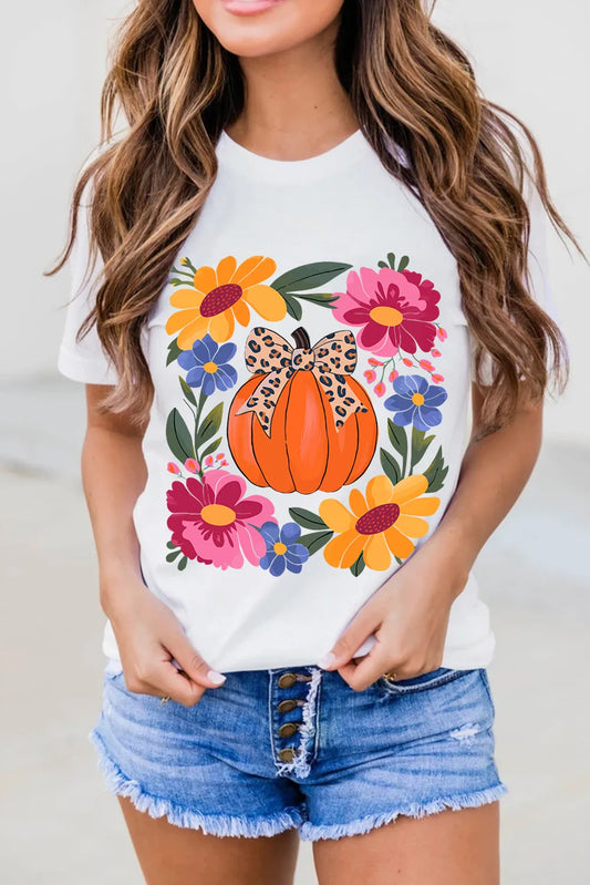 White Pumpkin Floral Graphic Thanksgiving Holiday T Shirt