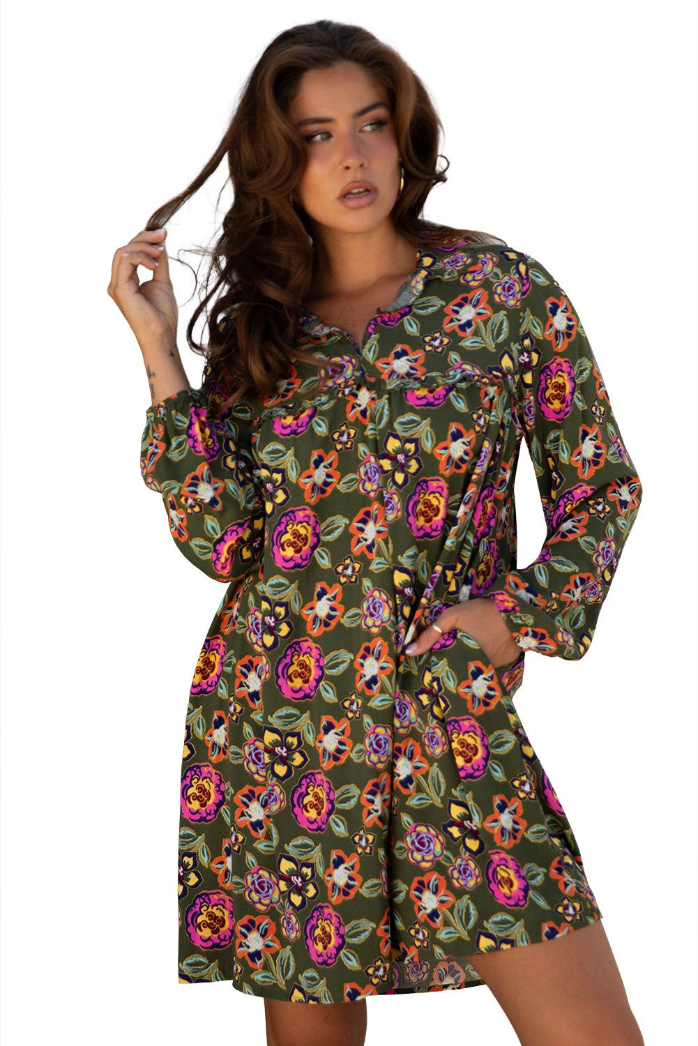Green Floral Print Split Neck Bubble Sleeve Shift Mini Dress