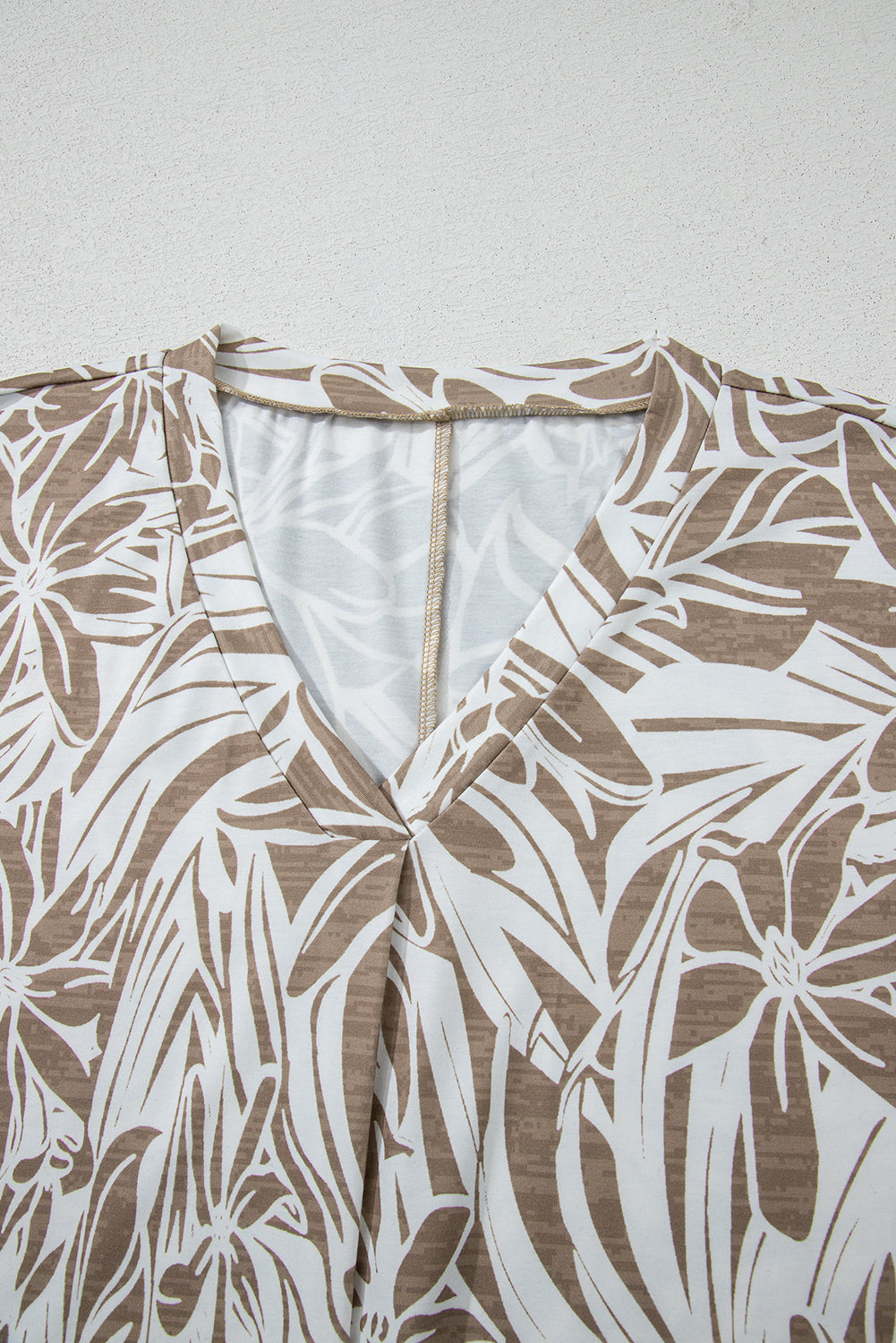 Khaki Floral Print V Neck Short Sleeve Loose Fit Blouse